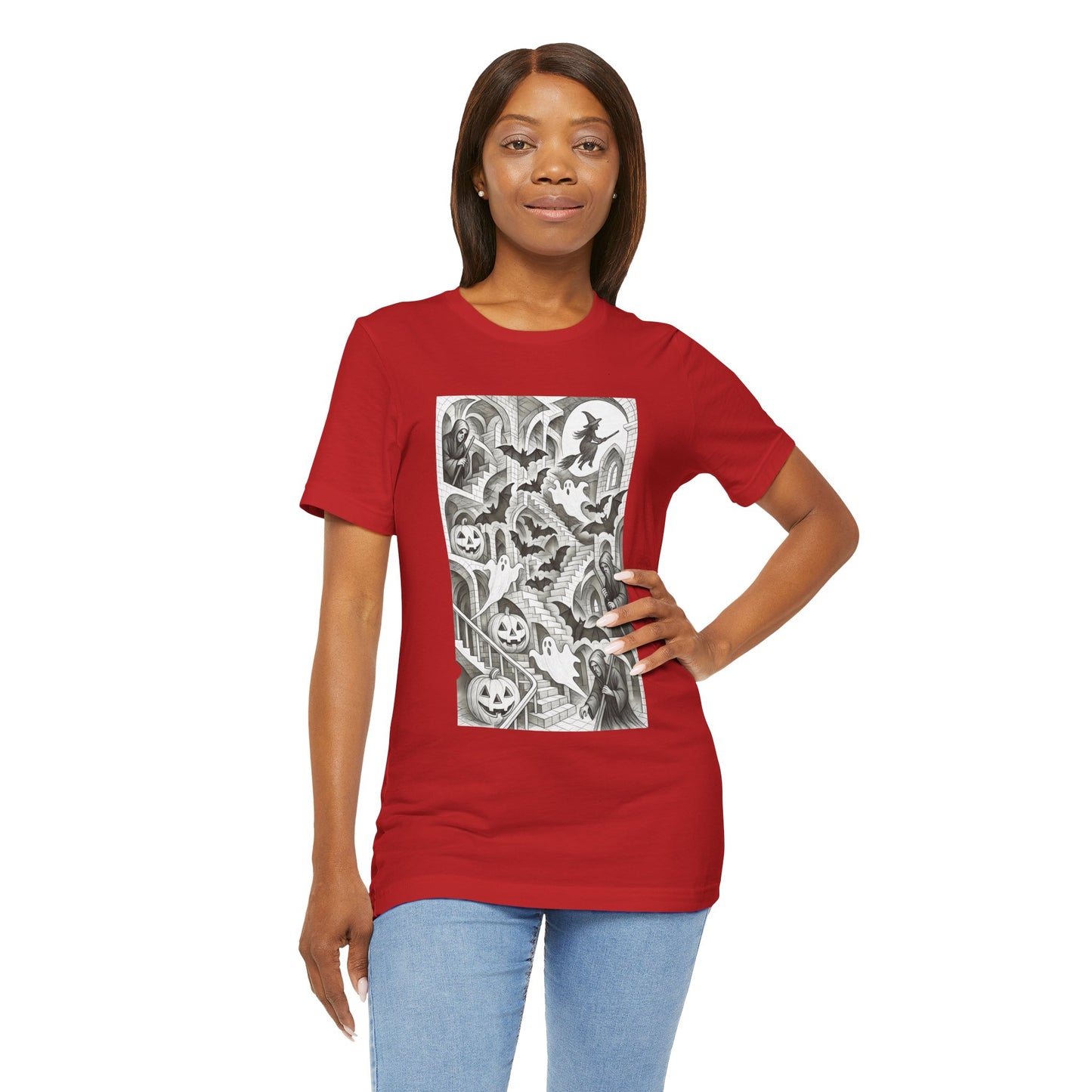 Haunted Hallways T-Shirt – Escher-Inspired Halloween Graphic Tee