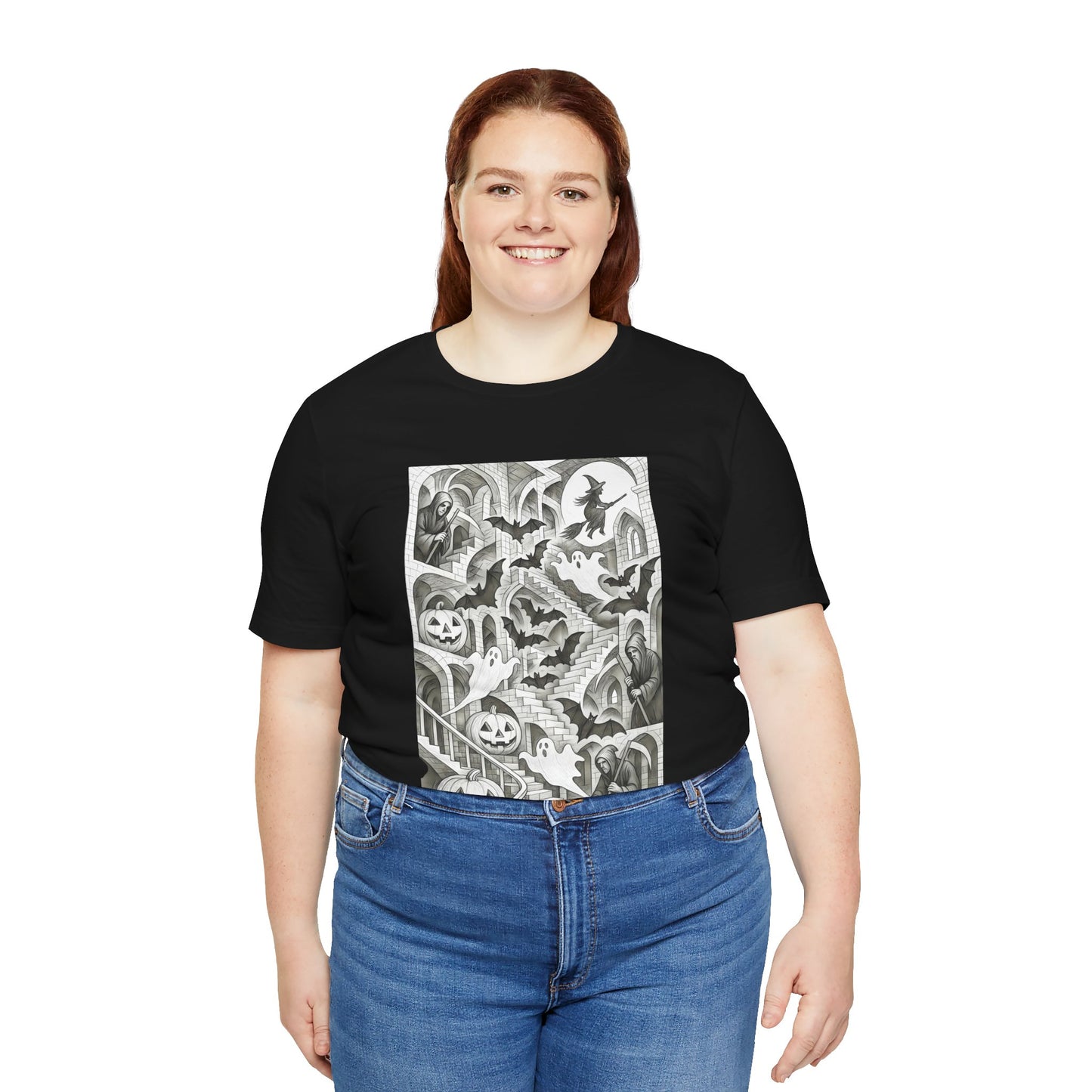 Haunted Hallways T-Shirt – Escher-Inspired Halloween Graphic Tee