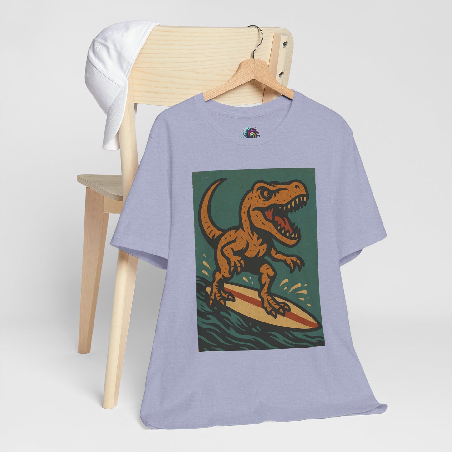 Surfing T-Rex T-Shirt – Funny Dinosaur Graphic Tee for Summer Vibes - WhimSpin - https://whimspin.com