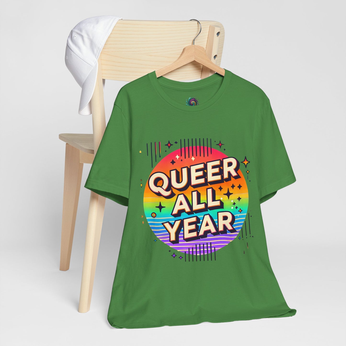 Queer All Year Tee – Retro Rainbow LGBTQ+ Graphic Shirt