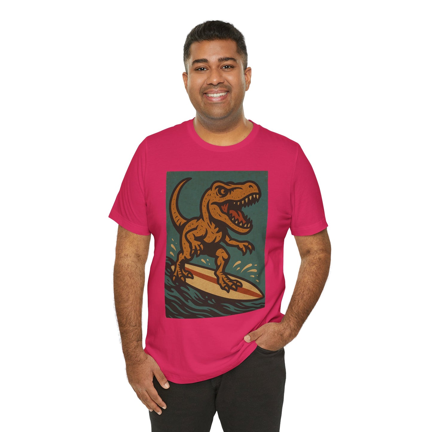 Surfing T-Rex T-Shirt – Funny Dinosaur Graphic Tee for Summer Vibes - WhimSpin - https://whimspin.com