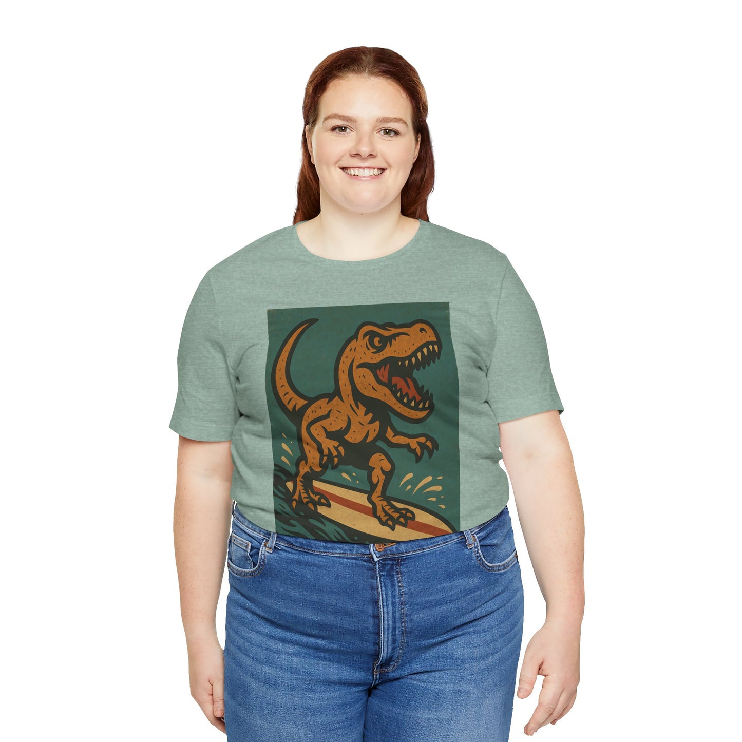 Surfing T-Rex T-Shirt – Funny Dinosaur Graphic Tee for Summer Vibes - WhimSpin - https://whimspin.com