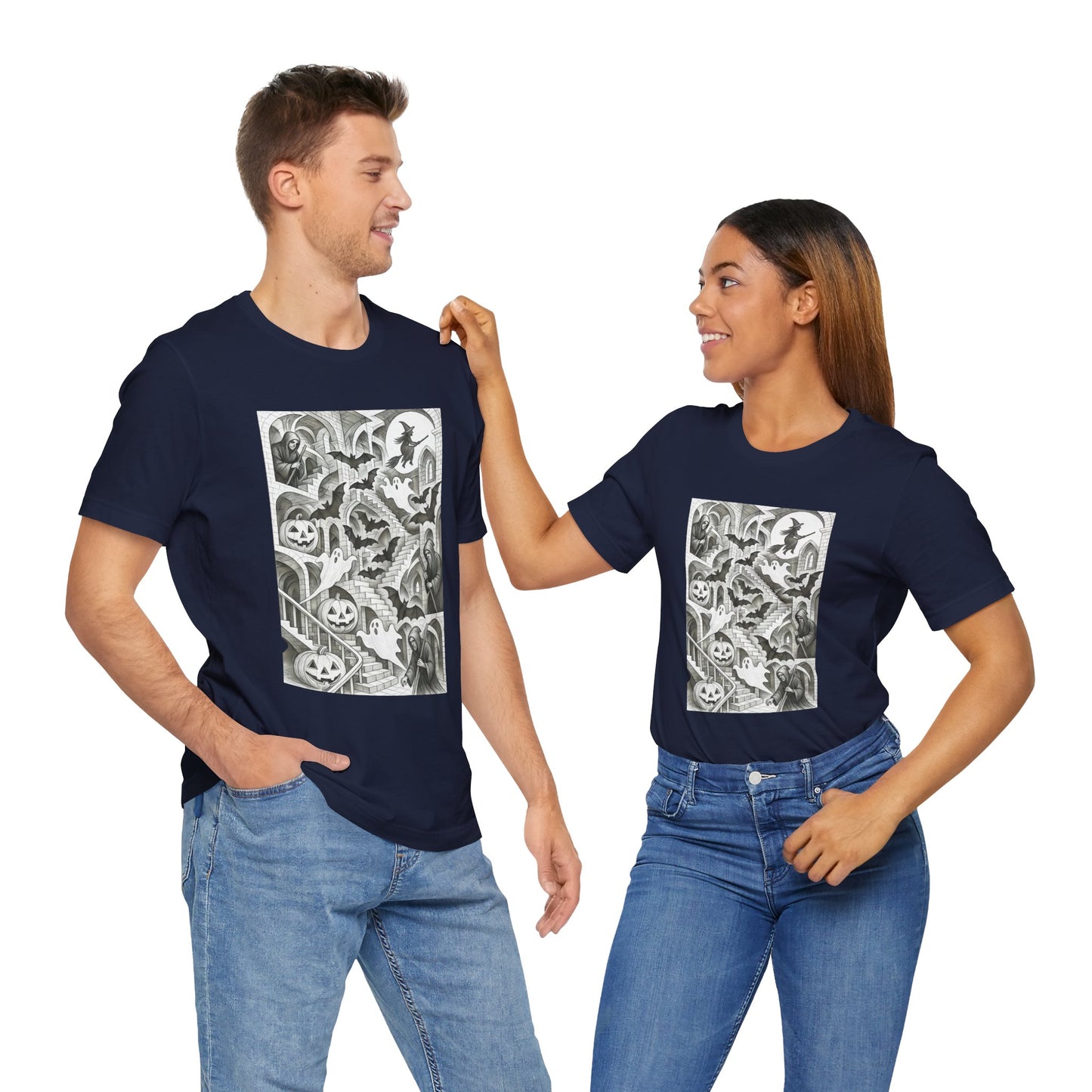 Haunted Hallways T-Shirt – Escher-Inspired Halloween Graphic Tee