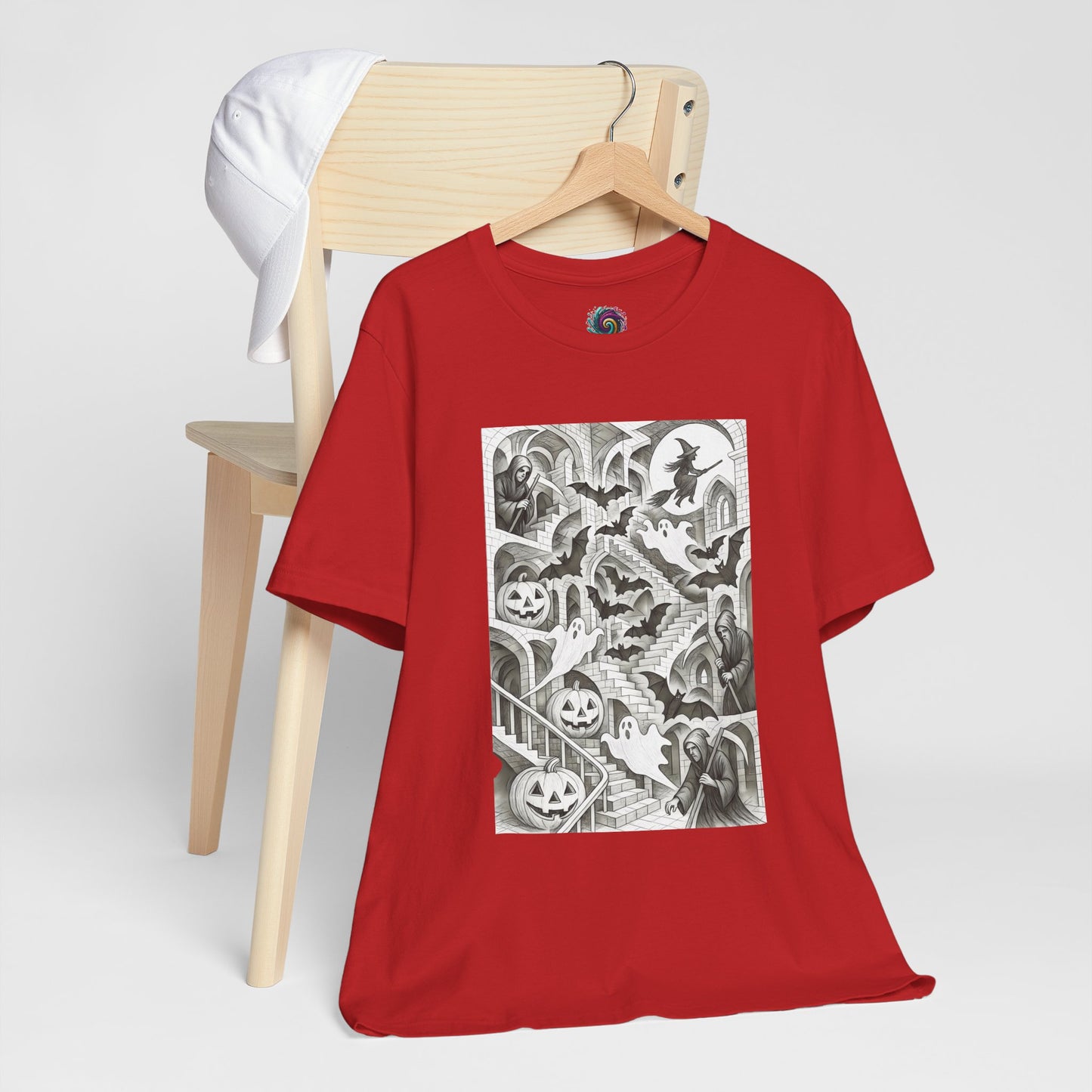 Haunted Hallways T-Shirt – Escher-Inspired Halloween Graphic Tee