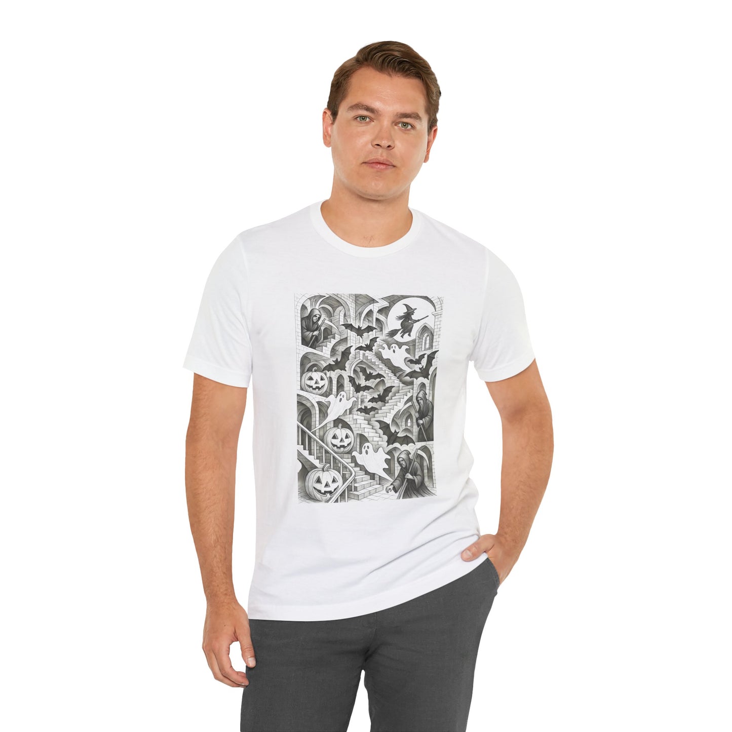 Haunted Hallways T-Shirt – Escher-Inspired Halloween Graphic Tee
