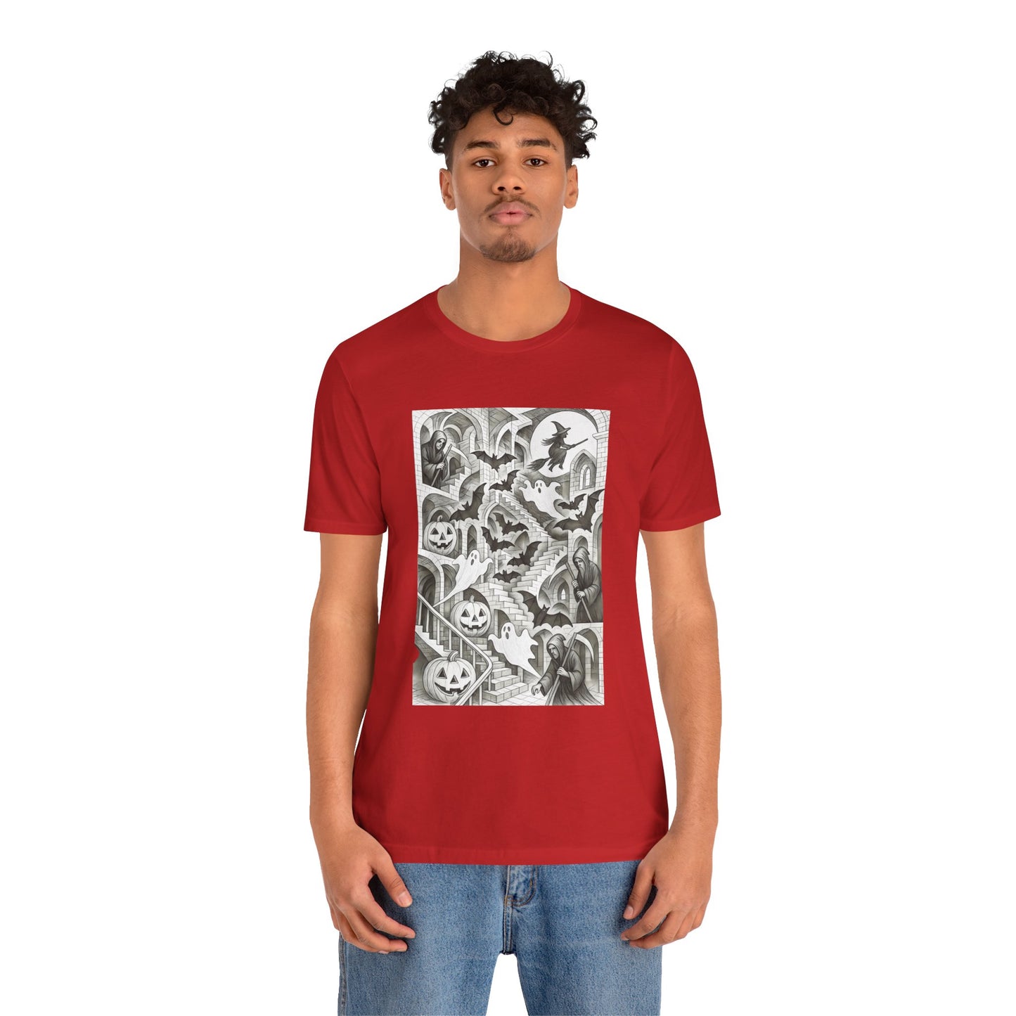 Haunted Hallways T-Shirt – Escher-Inspired Halloween Graphic Tee