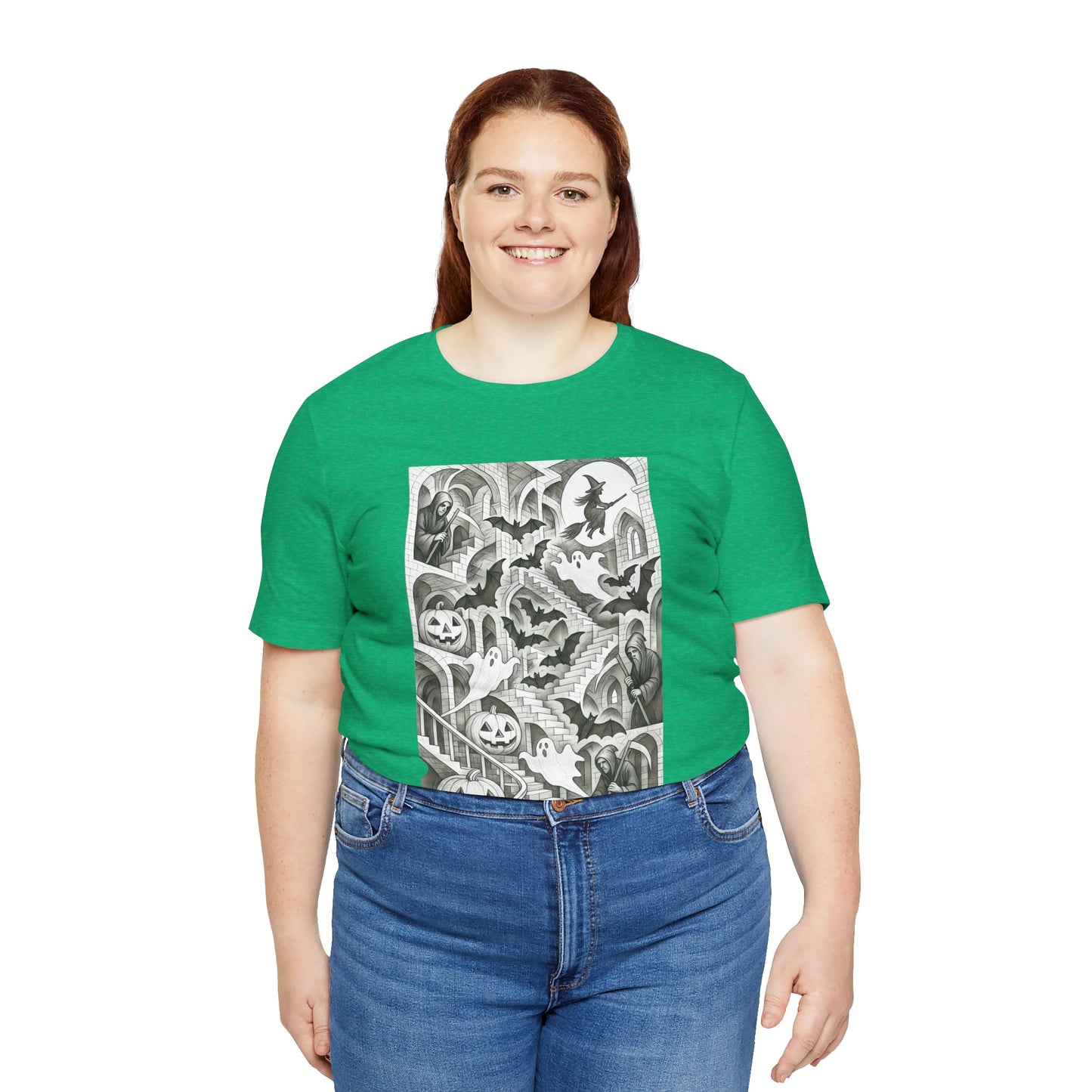 Haunted Hallways T-Shirt – Escher-Inspired Halloween Graphic Tee