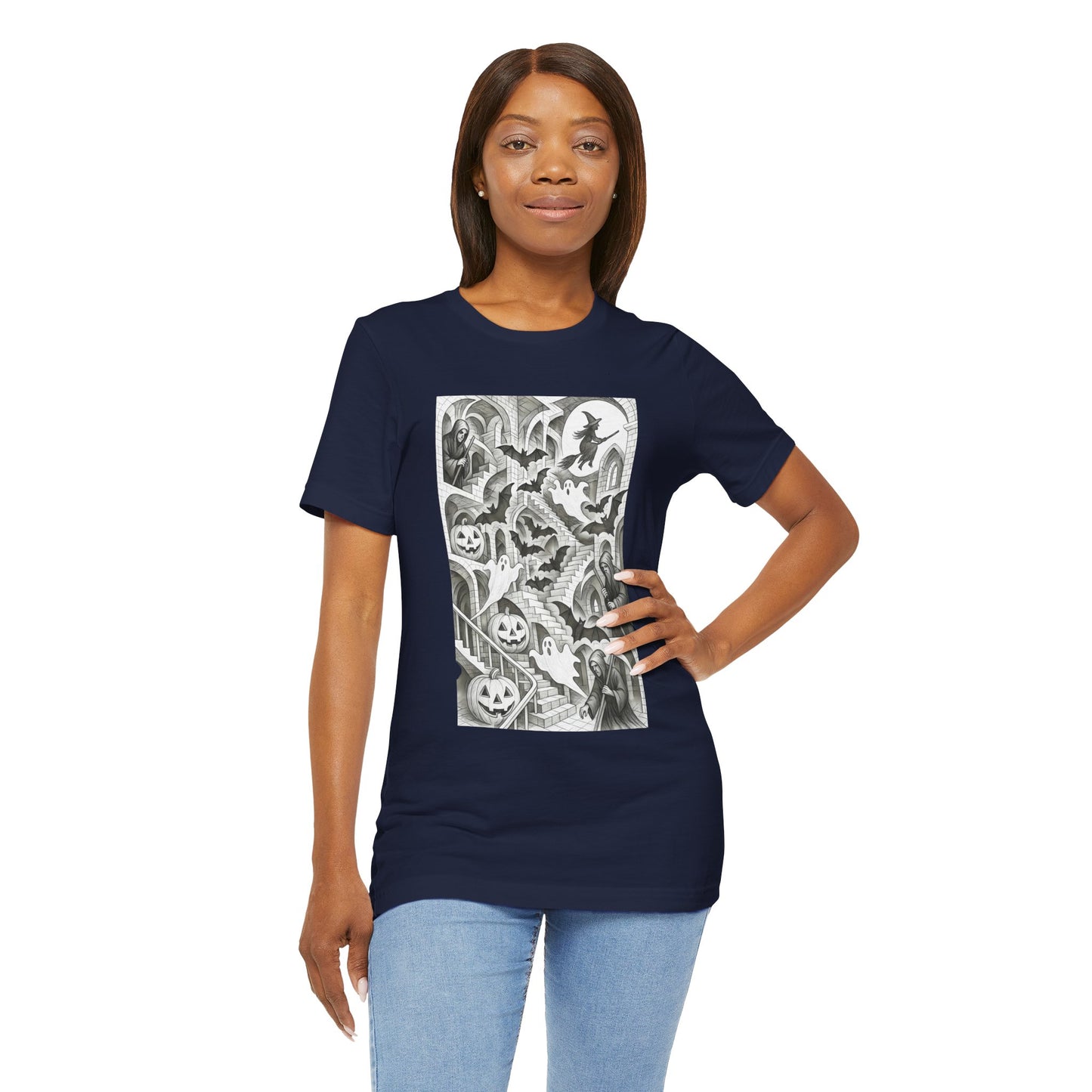 Haunted Hallways T-Shirt – Escher-Inspired Halloween Graphic Tee