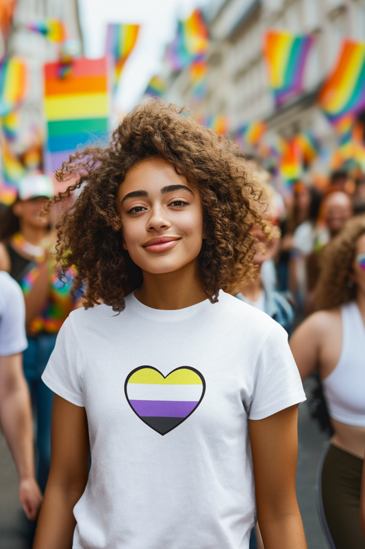 Nonbinary Heart Tee – Unisex White Shirt with Nonbinary Pride Flag worn by smiling woman marching in pride parade
