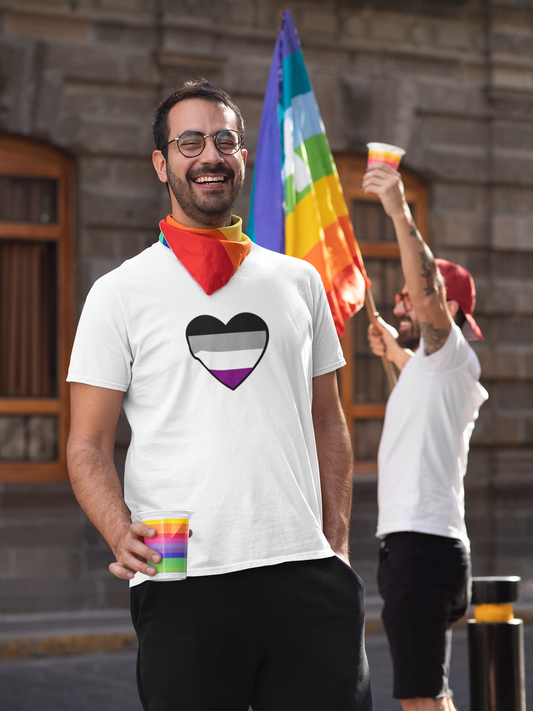 Asexual Pride Heart T-Shirt – Ace Flag LGBTQ+ Shirt shown on a man at a pride event, featuring a bold asexual flag heart graphic and joyful energy.