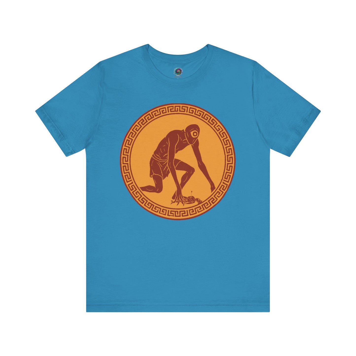 Black t-shirt with a central red and gold circular design featuring a stylized image of Polyphemus, Cyclops from The Odyssey