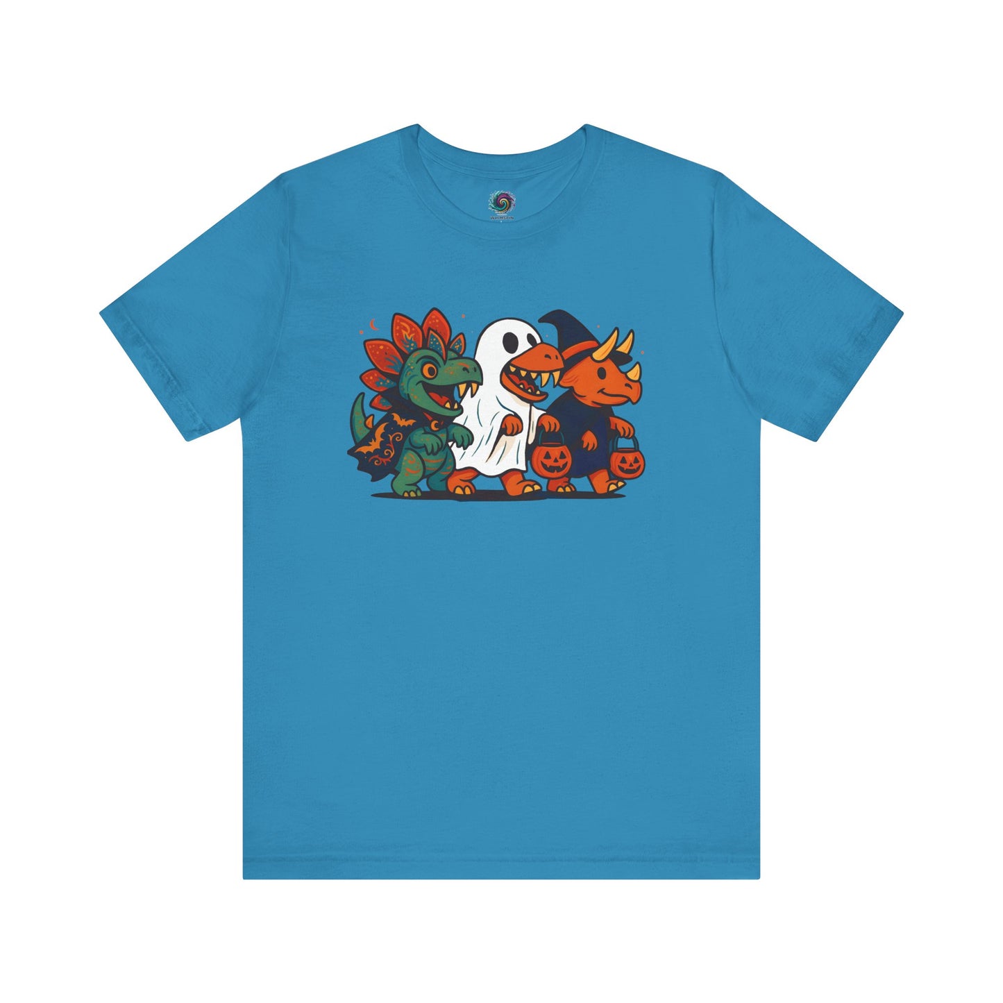Aqua t-shirt with cartoon dinosaurs trick-or-treating on a white background