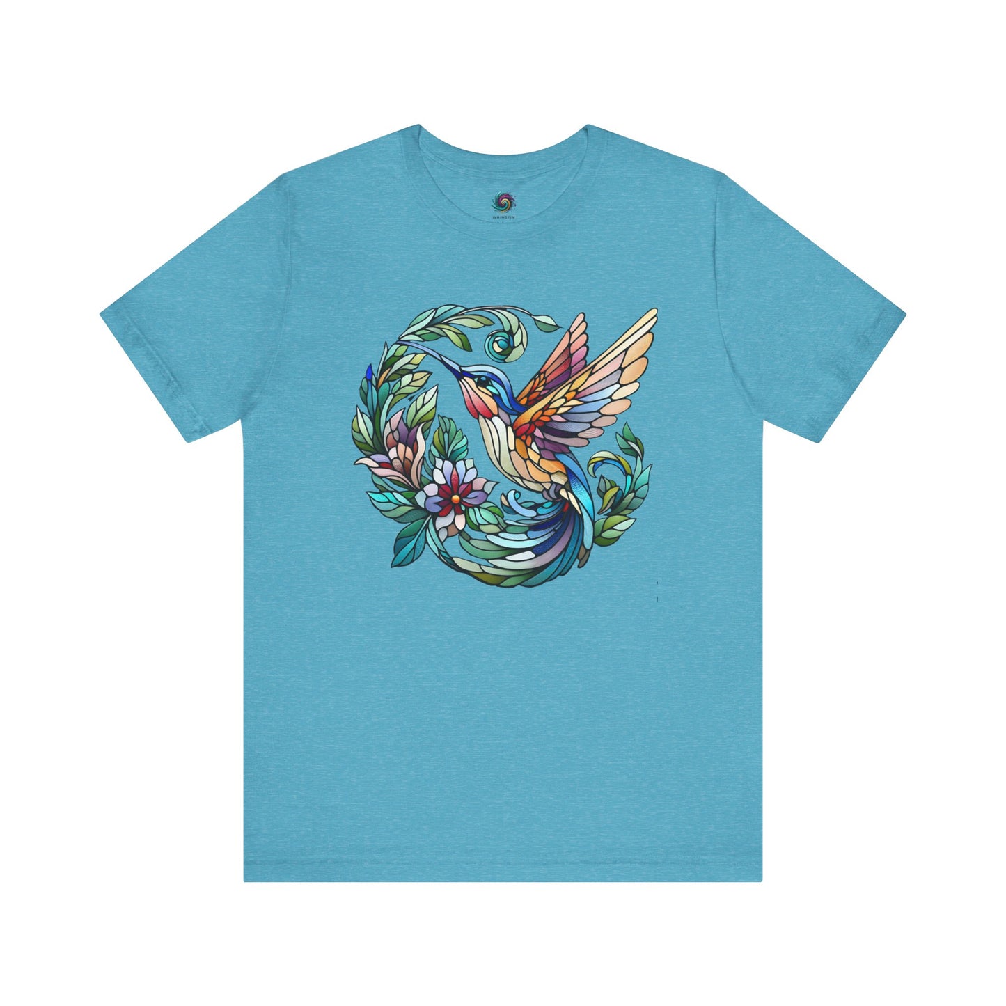 Stained Glass Hummingbird T-Shirt – Colorful Floral Bird Graphic Tee in heather aqua with a stained glass hummingbird and pastel floral styling.