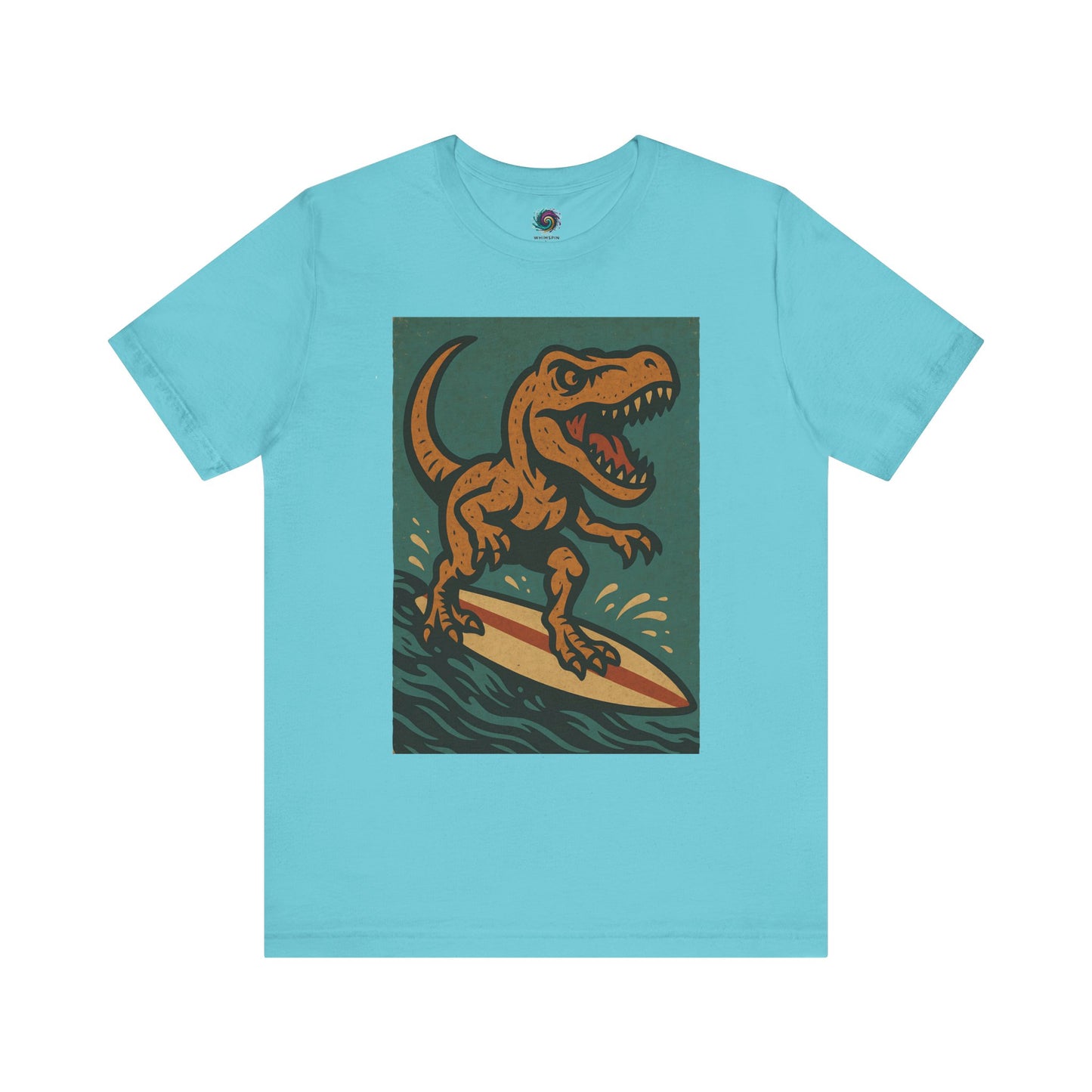 Aqua Surfing t-rex t shirt from WhimSpin- A rearing t Rex riding a yellow surf board on the waves