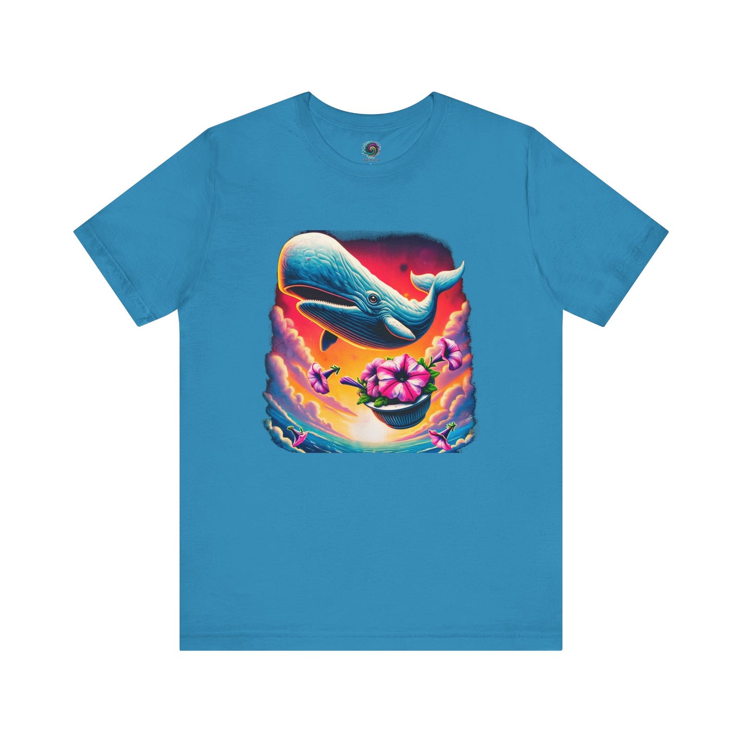 Oh No Not Again Petunias and Whale Tee – hitchhikers guide oh no not again shirt in aqua, with surreal petunias and whale in vibrant space sky