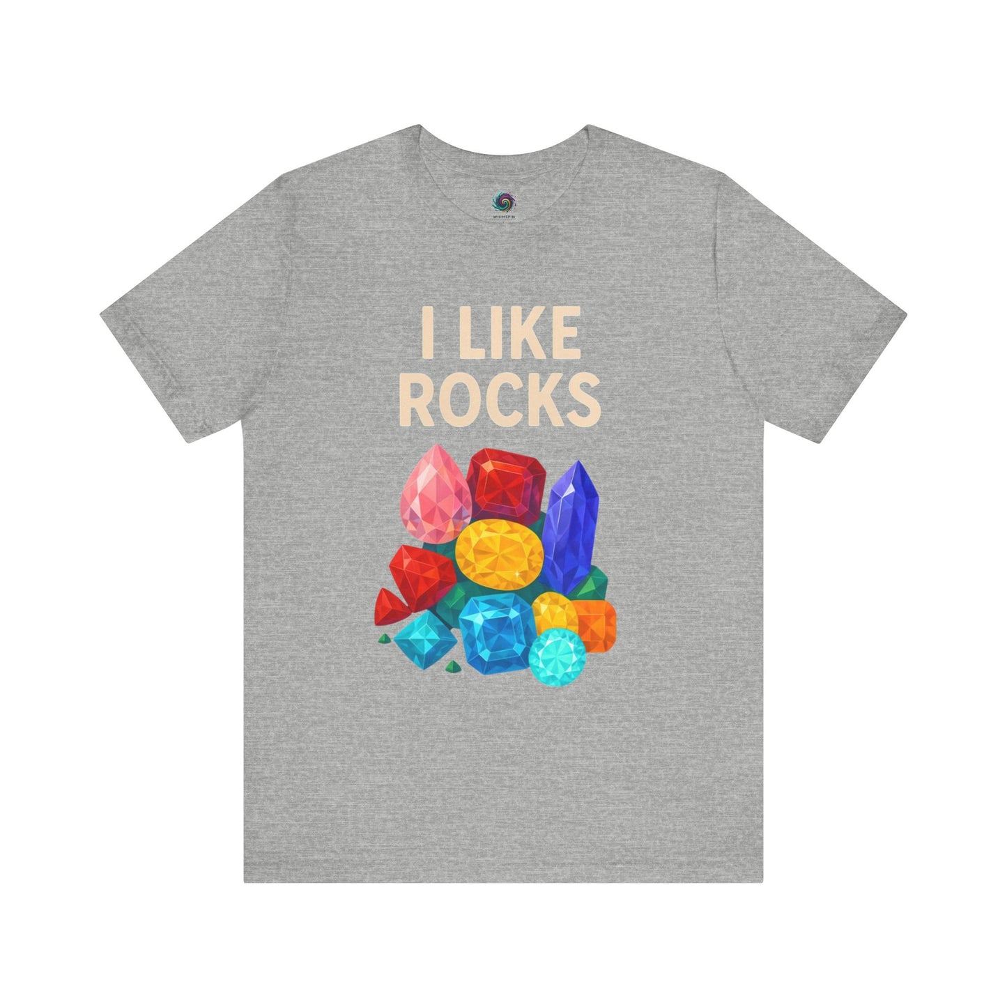 Gray I like Rocks t shirt from WhimSpin on a white background