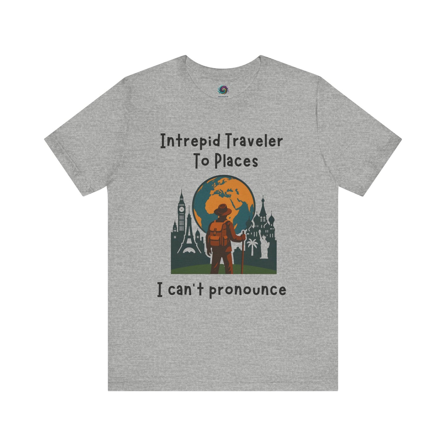 Gray t-shirt with a graphic design and text on a white background for travelers and travel lovers