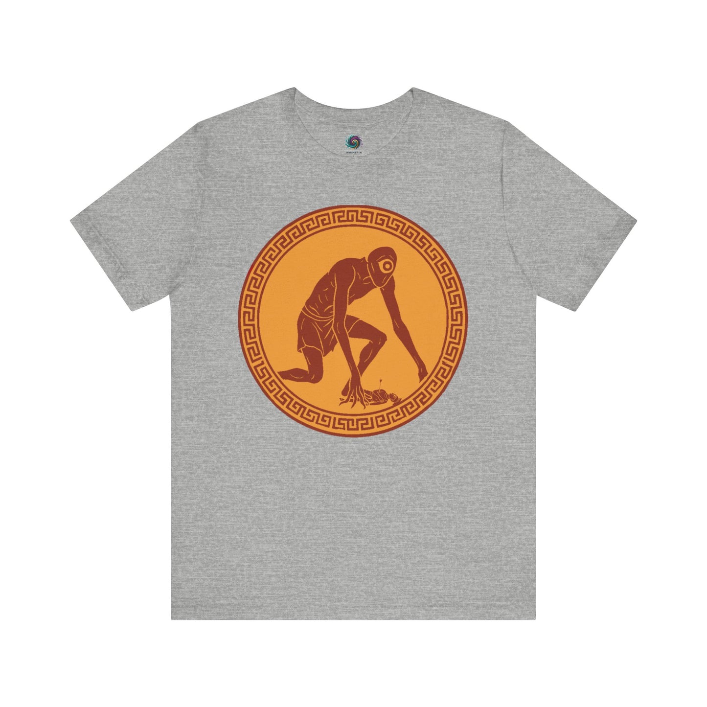 Atheltic grey t-shirt with a central red and gold circular design featuring a stylized image of Polyphemus, Cyclops from The Odyssey