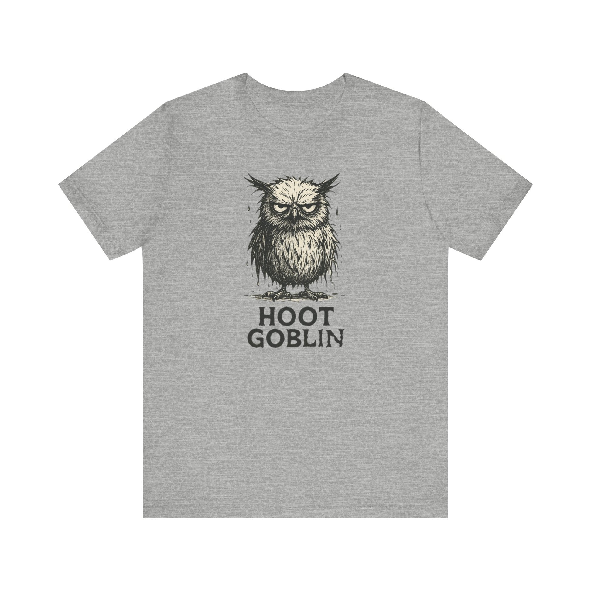 Gray t-shirt with an owl graphic and 'Hoot Goblin' text on a white background