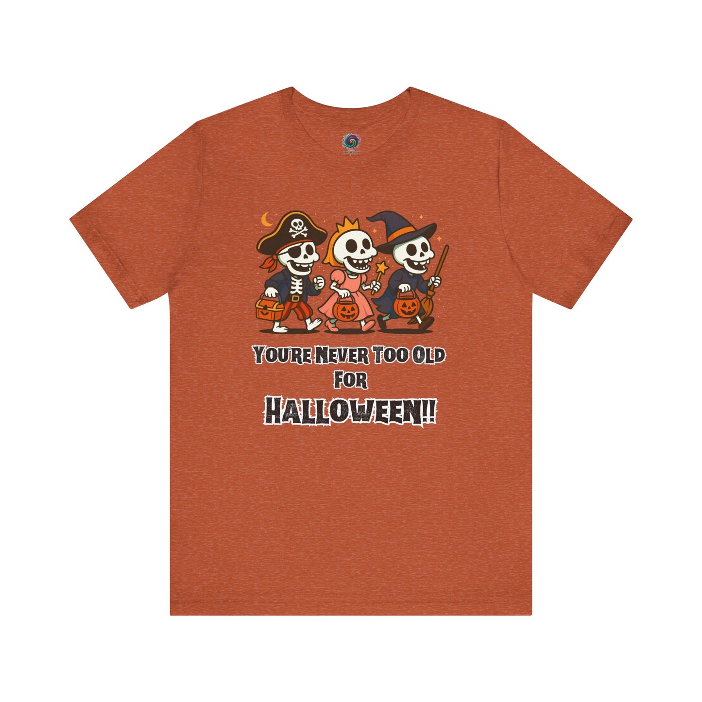 Never Too Old for Halloween T-Shirt – Funny Adult Halloween Shirt in heather autumn, flat laid to emphasize the cozy seasonal palette and skeleton design.