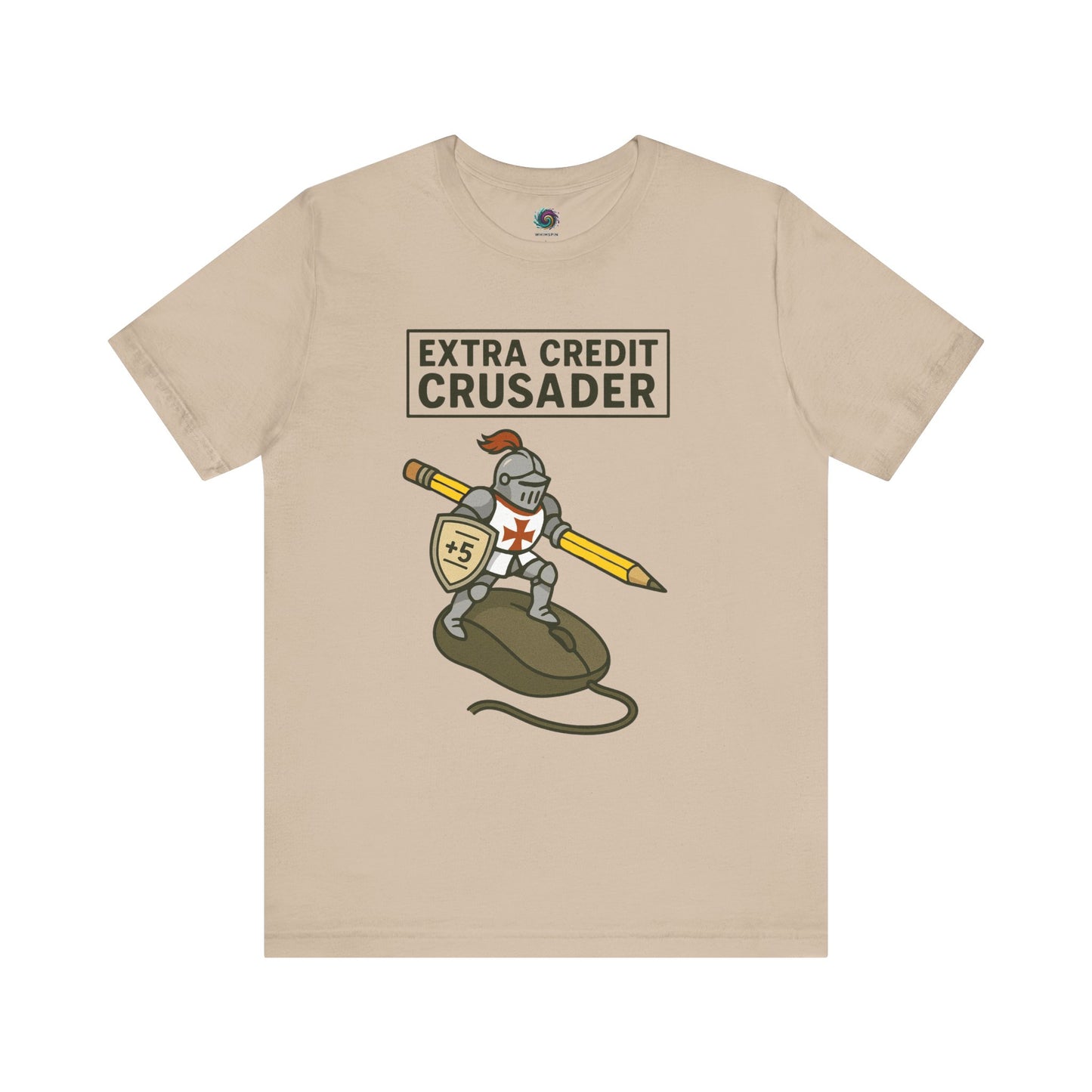 Beige Black Extra Credit Crusader T-Shirt from WhimSpin. The tshirt graphic features a knight templar riding a computer mouse, with a giant pencil under his arm like a lance, and carrying a shield with "+5" written on it.