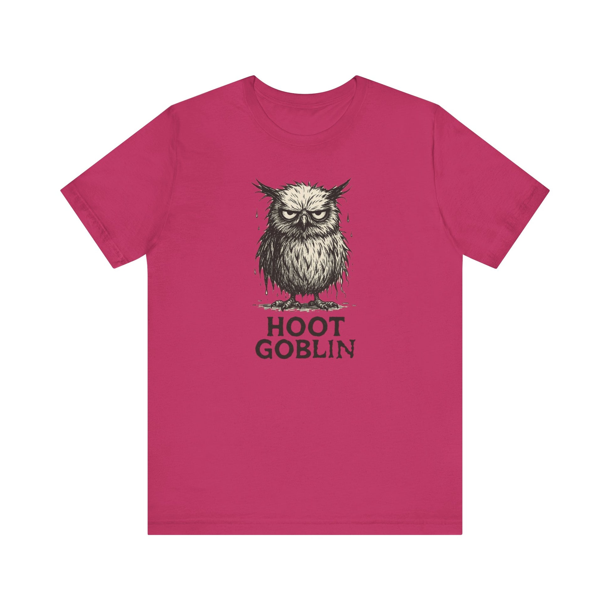 Fuchsia t-shirt with an owl graphic and 'Hoot Goblin' text on a white background