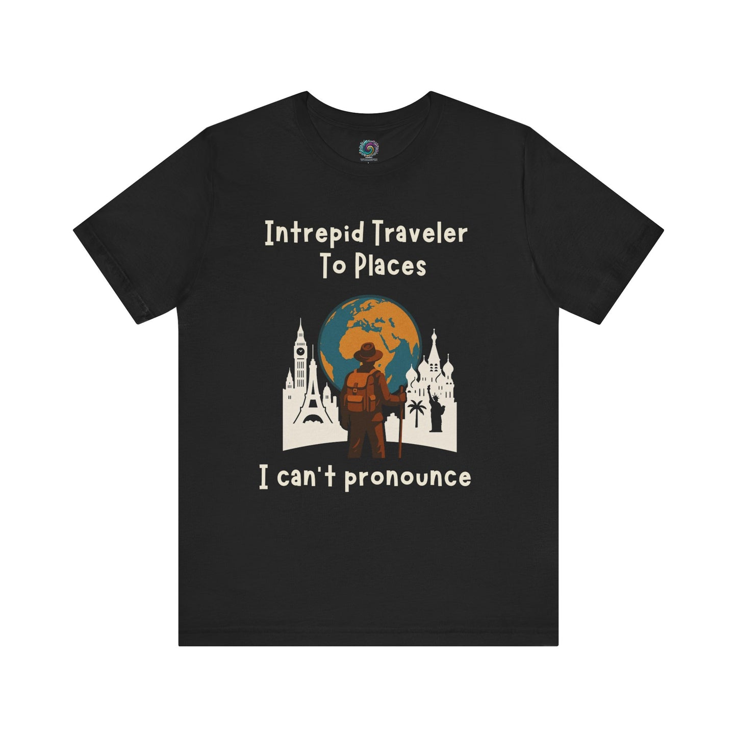 Black t-shirt with a travel themed graphic design and text on a white background