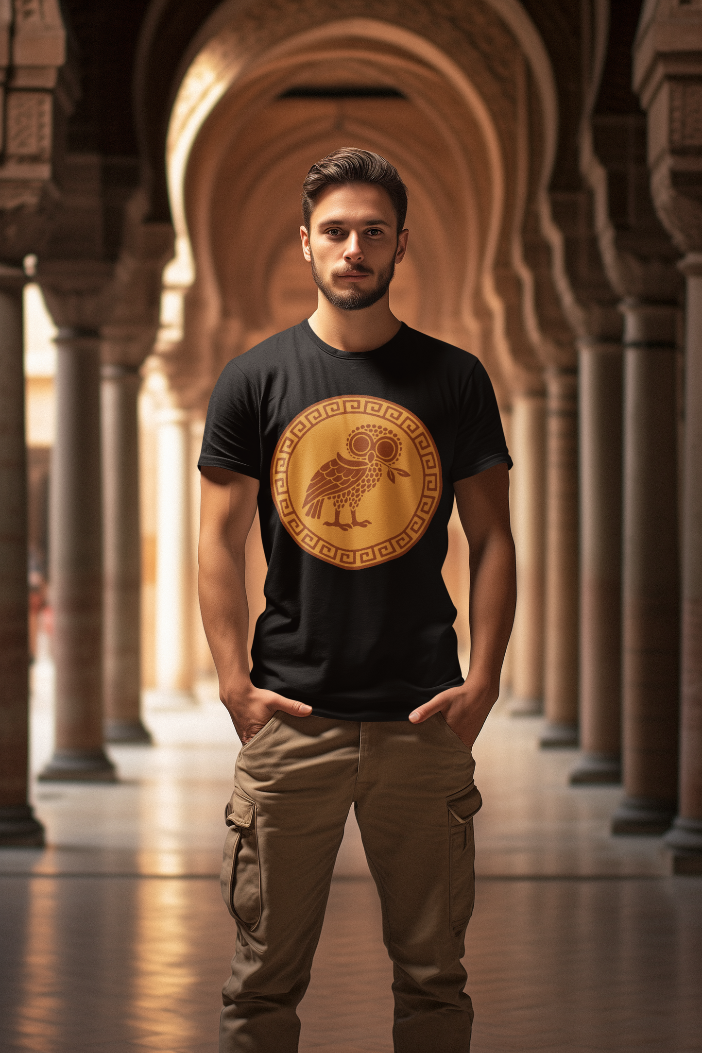 Athena’s Owl T-Shirt – Greek Mythology Bird Tee from WhimSpin stand in an ancient building