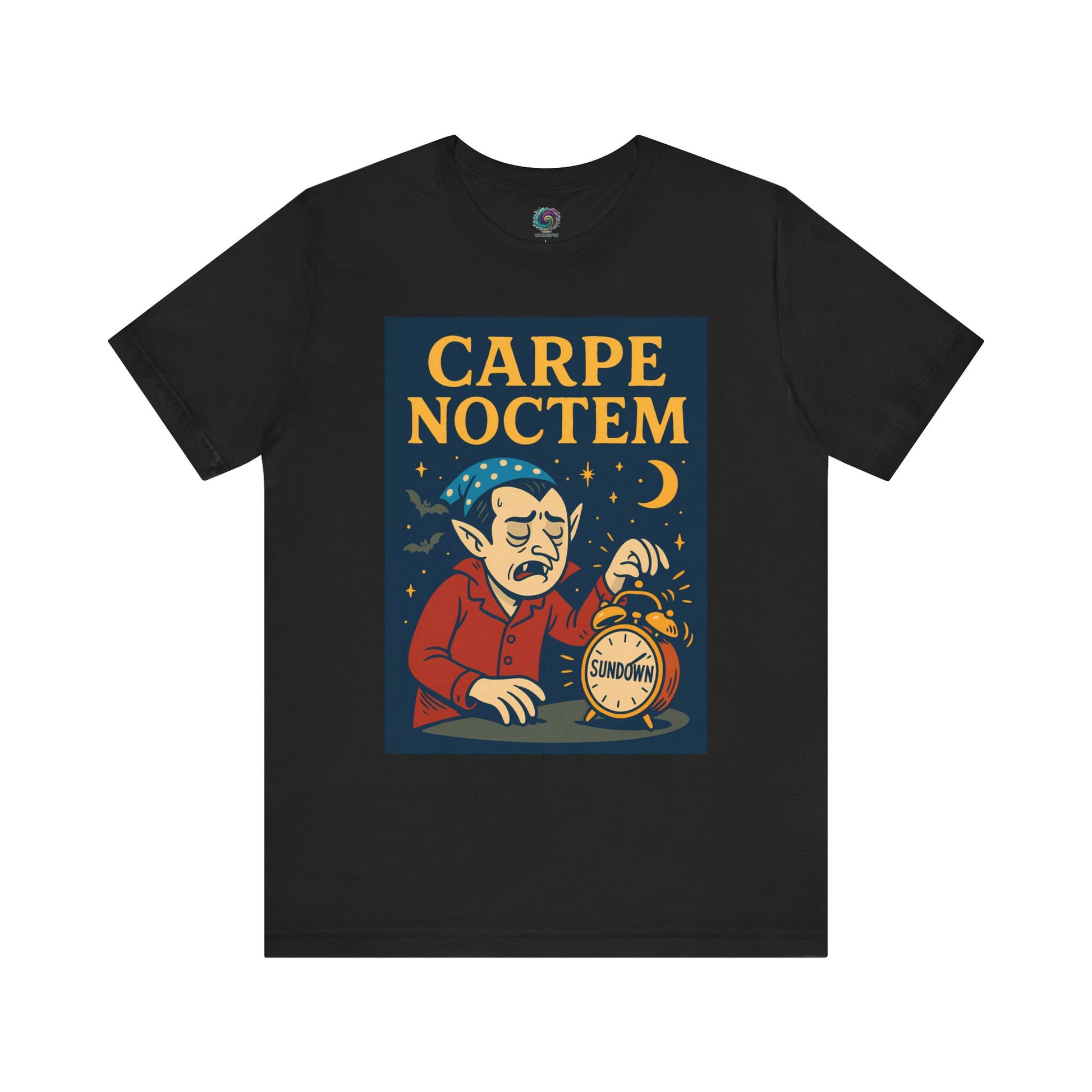 Black t-shirt with a graphic of a vampire with an alarm clock and 'Carpe Noctem' text on a white background