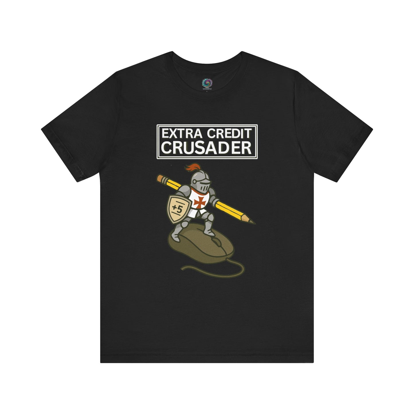 Black Extra Credit Crusader T-Shirt from WhimSpin. The tshirt graphic features a knight templar riding a computer mouse, with a giant pencil under his arm like a lance, and carrying a shield with "+5" written on it.