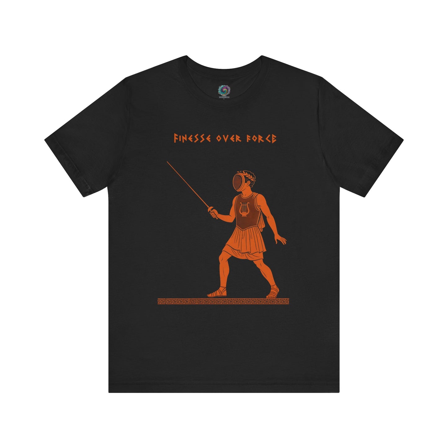 Black Finese Over Force Fencing T-Shirt by WhimSpin. Terracotta cotta red image in the style of ancient greek amphora of Apollo holding a fencing foil and wearing a fencing mask with the words "Finese Over Force" written over his head.