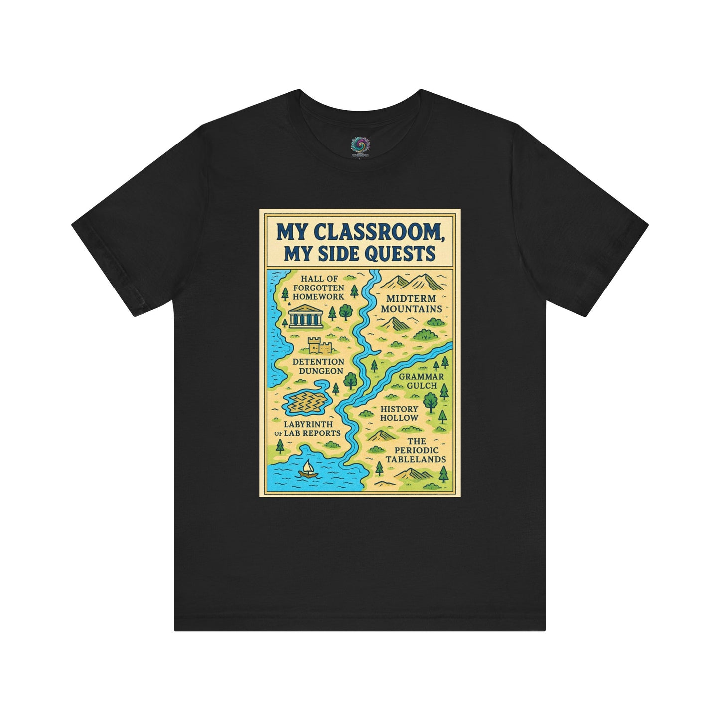 Black "My Classroom, My Side Quests T-Shirt" from WhimSpin The t-shirtdesign features a maptitled "MyClassroom, My Sidequest" and has classroom themed landmarks.