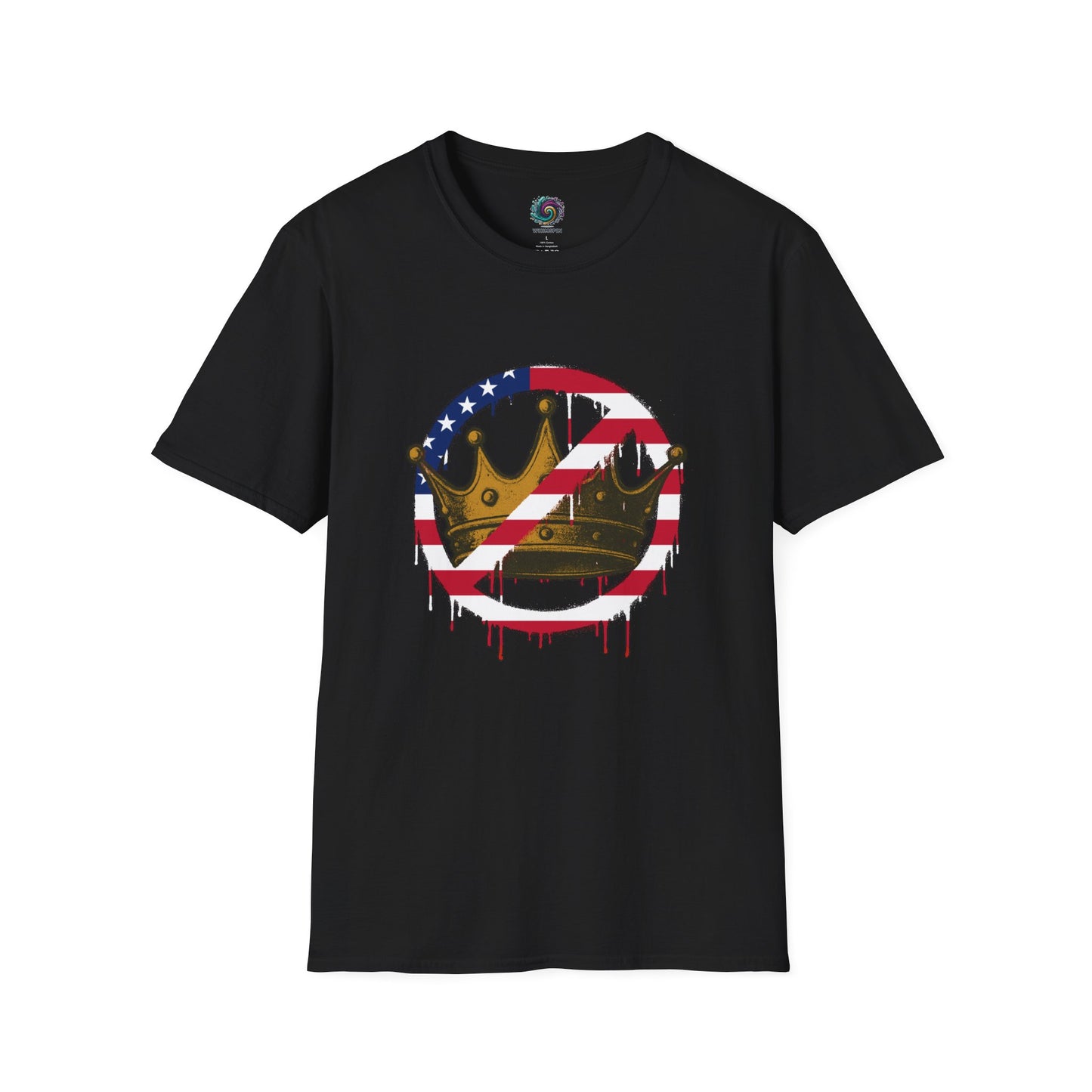 Black No Kings Protest T-Shirt from WhimSpin with a graphic design featuring a crown with the "no" slashed circle symbol drawn in an American flag pattern on a white background