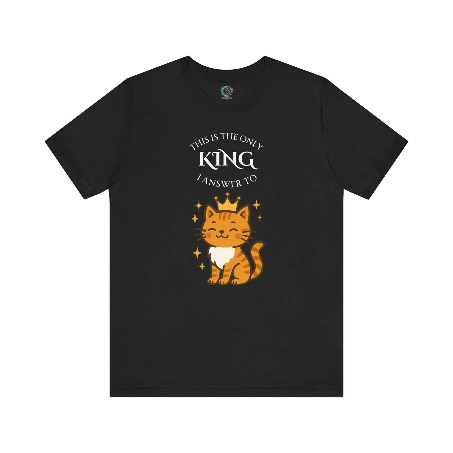 Black "The Only King I Answer To" T-Shirt – Cute Cat Lady Tee WhimSpin cat wearing a crown