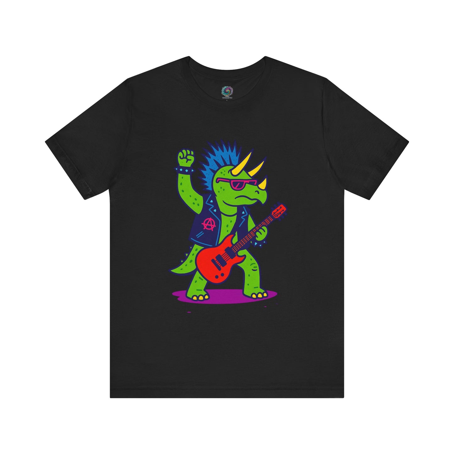 Punk Rock Triceratops T-Shirt – Funny Dinosaur Tee for Adults in black, featuring a bold triceratops music design with punk rock attitude and bright neon colors.