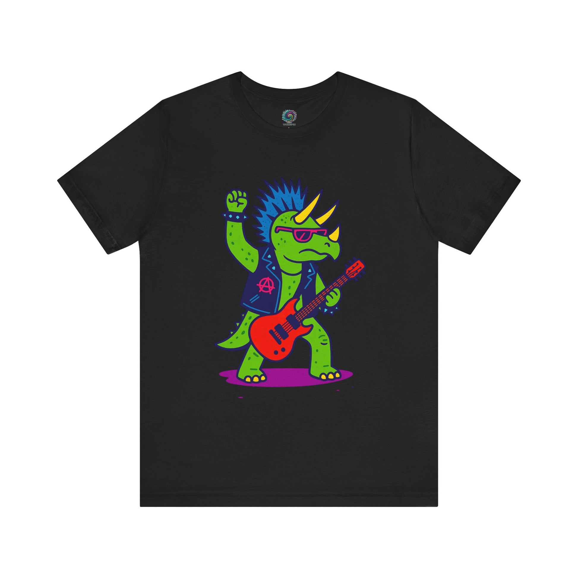 Punk Rock Triceratops T-Shirt – Funny Dinosaur Tee for Adults in black, featuring a bold triceratops music design with punk rock attitude and bright neon colors.