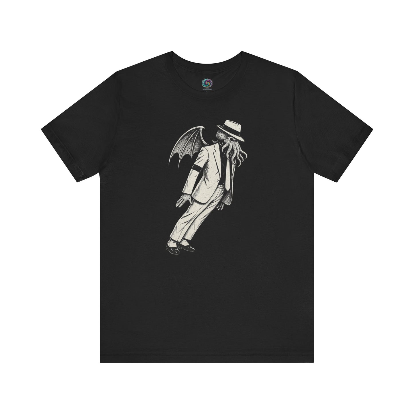 Smooth Cthulhu Unisex T-Shirt – Lovecraft Meets Smooth Criminal Style in black, flat lay featuring Cthulhu Michael Jackson mash-up artwork.