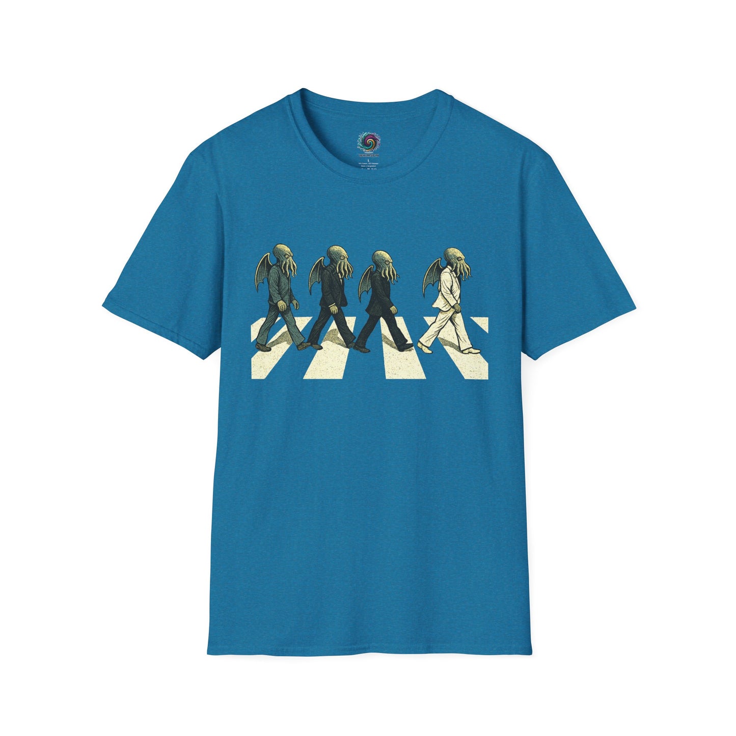 Blue Cthulhu Crossing T-Shirt – Beatles Abbey Road Parody Tee | WhimSpin - WhimSpin - https://whimspin.com