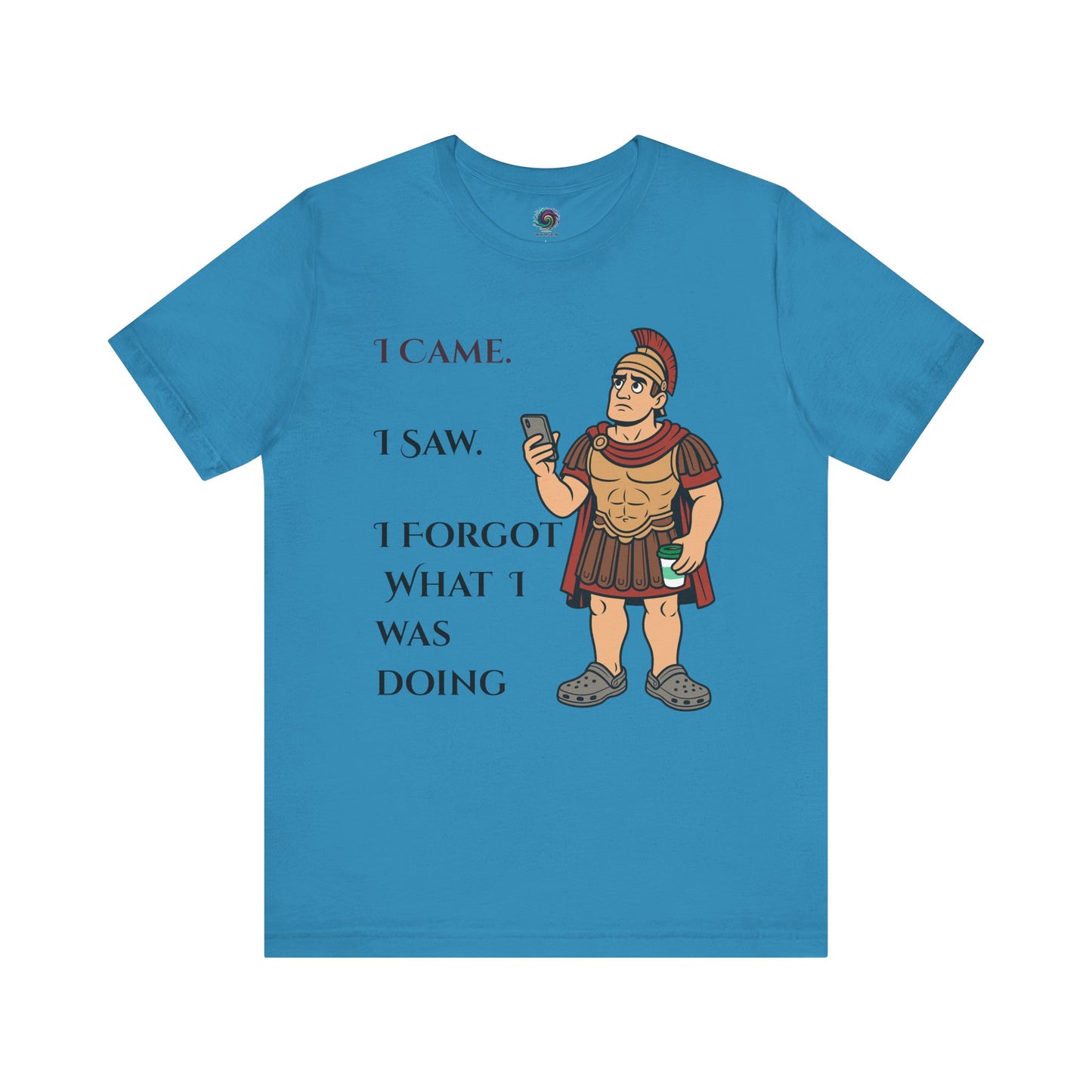 Blue I Came, I Saw, I Forgot T-Shirt – Funny ADHD-Inspired Tee with a Roman soldier graphic and text on a white background
