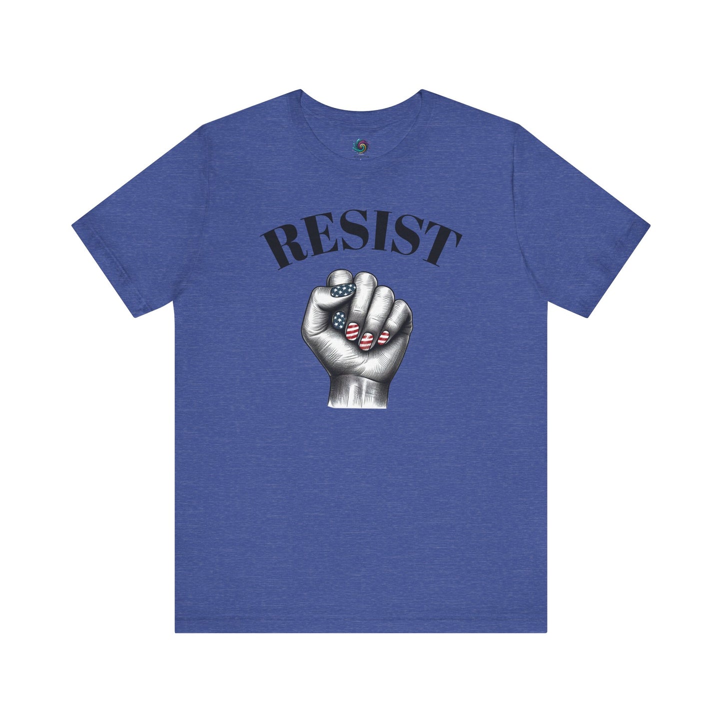 Resist Feminist Power Fist Tee in heather true royal, combining patriotic colors with powerful feminist messaging.
