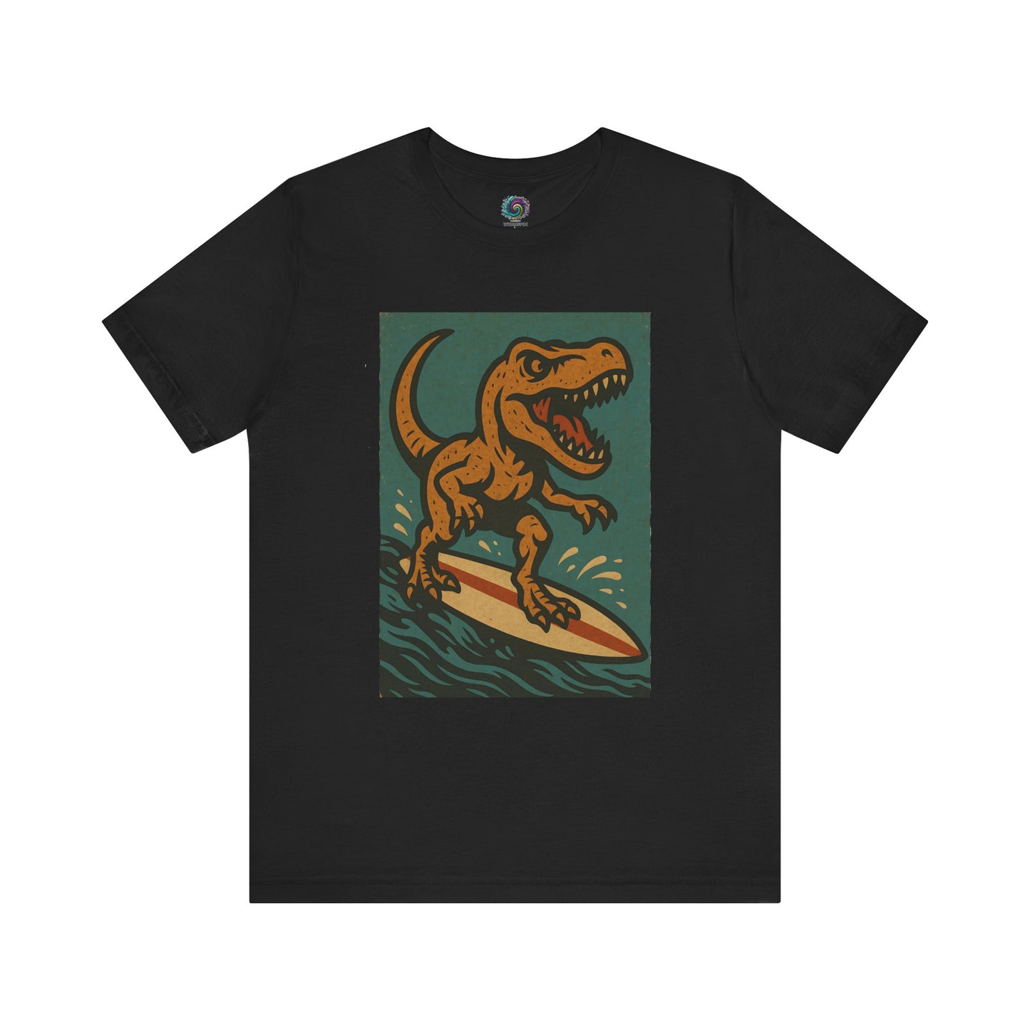 Surfing T-Rex T-Shirt – Funny Dinosaur surfing Graphic Tee in black, perfect for fans of surfing dinosaur apparel and edgy beachwear. showing a dinosaur surf scene perfect for fans of bold beachwear and surfing tees.