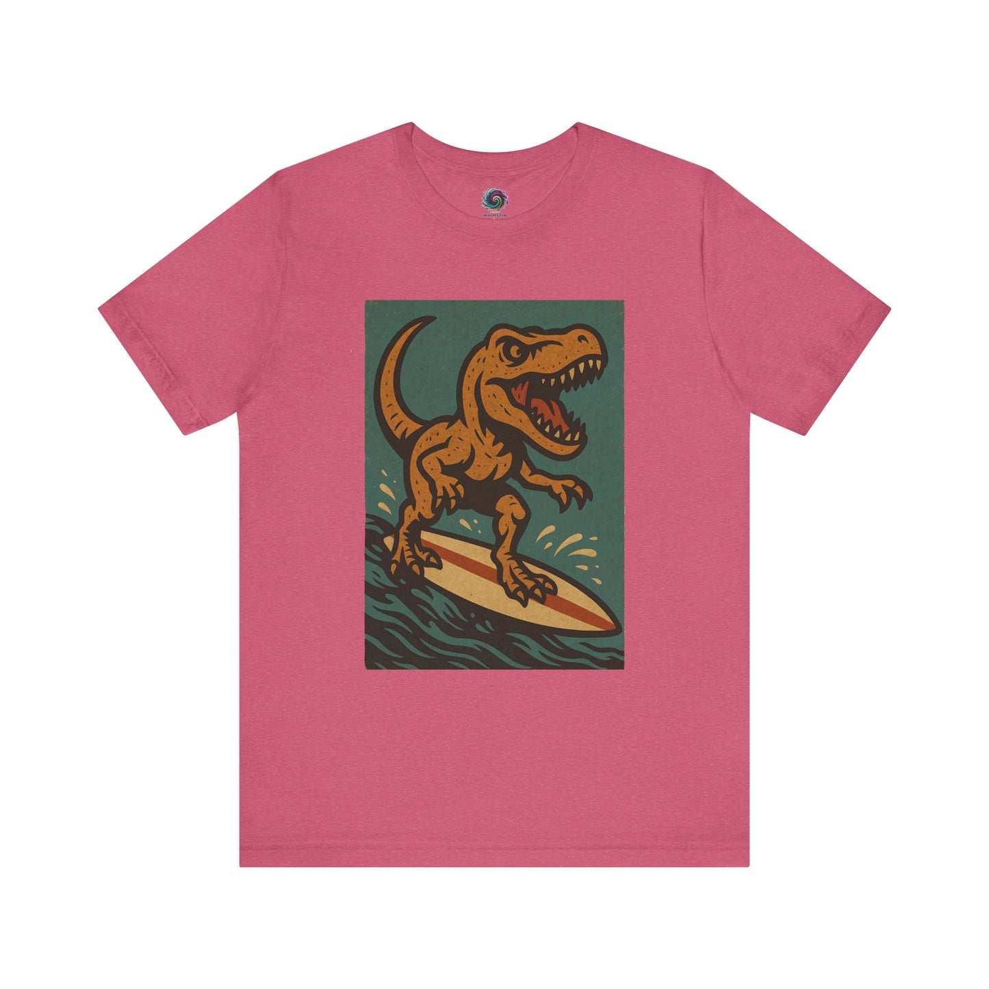 Surfing T-Rex T-Shirt – Funny Dinosaur Graphic Tee for Summer Vibes in heather raspberry, with a surfing dinosaur graphic made to stand out at the beach.