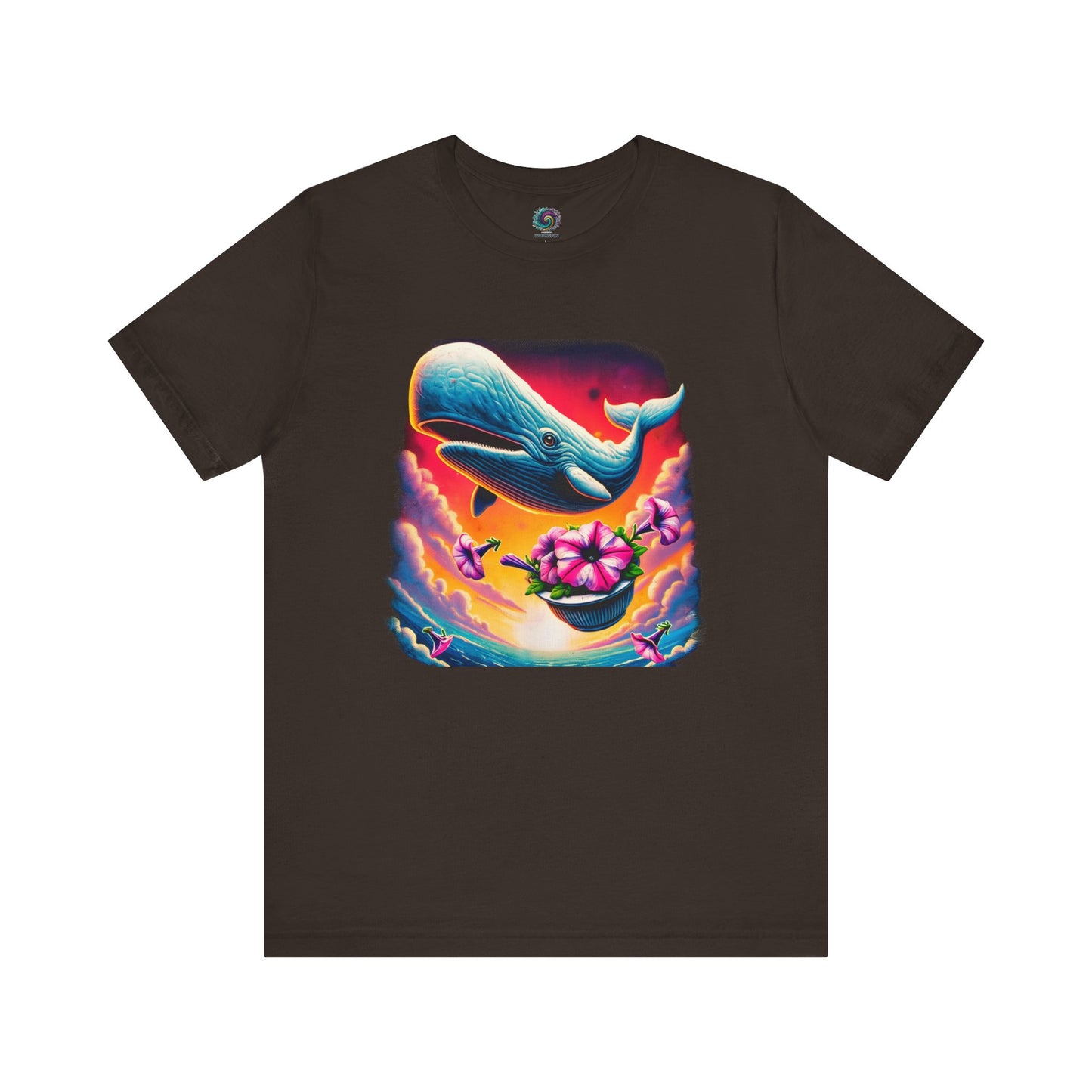 Oh No Not Again Petunias and Whale Tee – petunias oh no not again t-shirt in brown with a falling whale and flowers against a cosmic backdrop