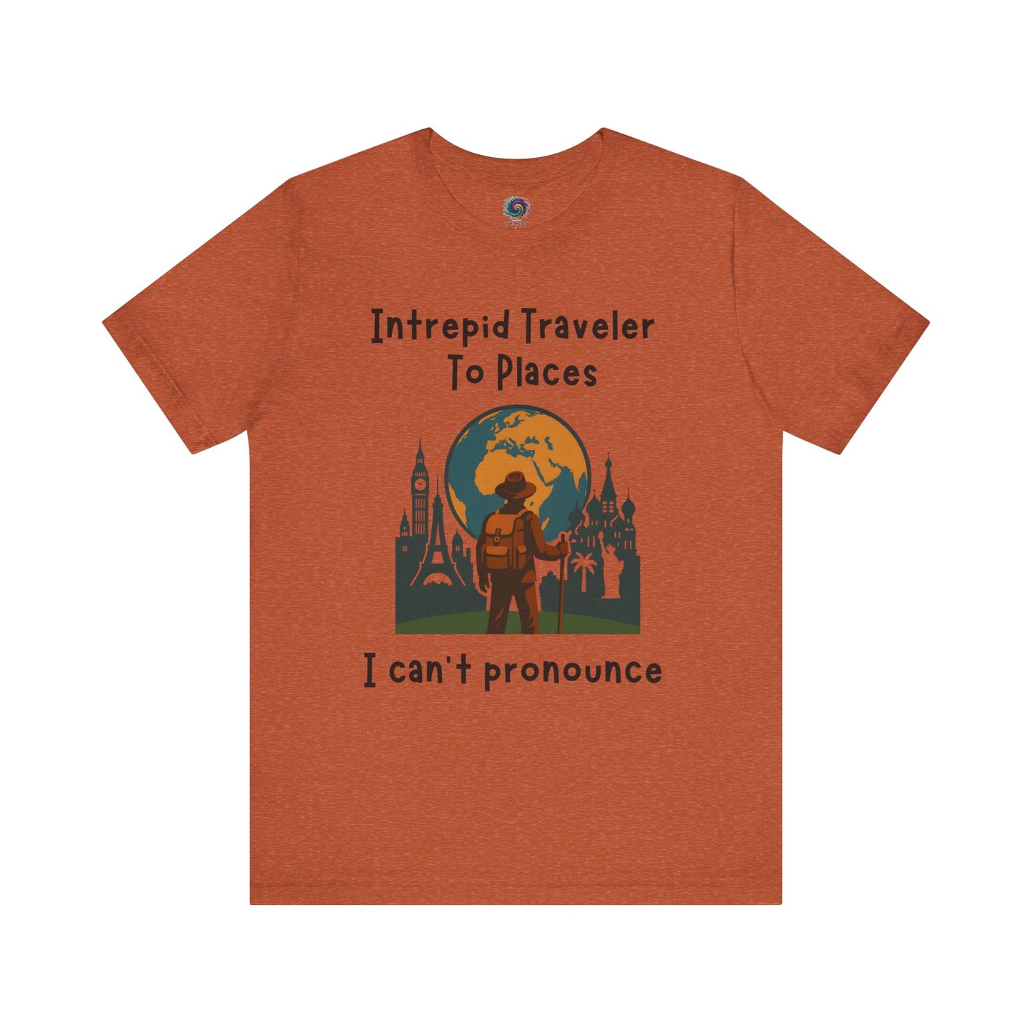 Burnt Orange t-shirt with a graphic design and text on a white background for intrepid travelers and global wanderers