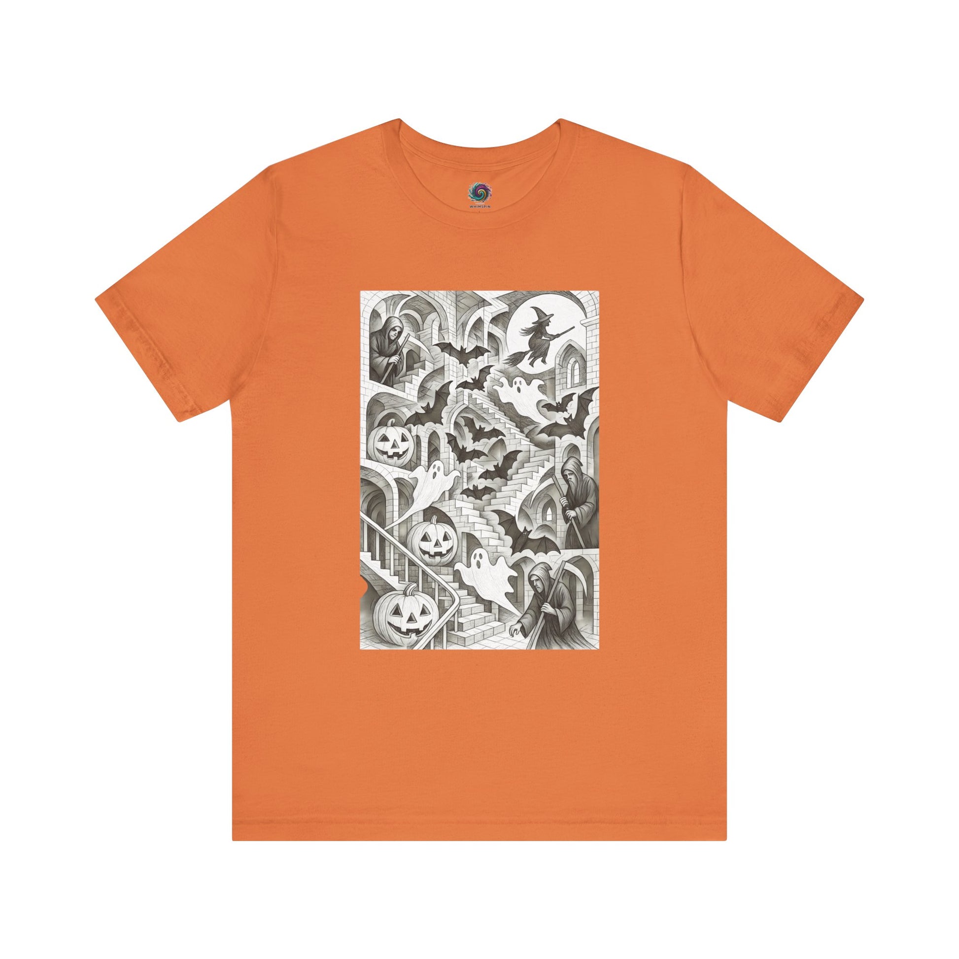 Burnt orange parody tee featuring spooky MC Escher stairs and bats, ghosts, vampires, and pumpkins