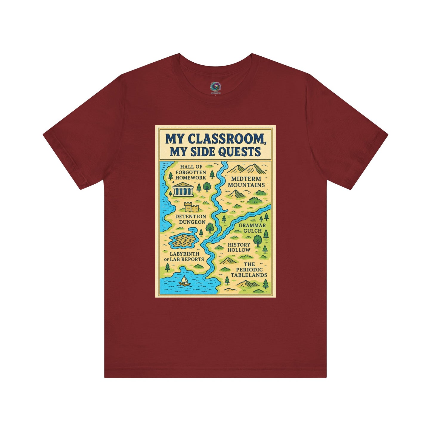 Cardinal Red "My Classroom, My Side Quests T-Shirt" from WhimSpin The t-shirtdesign features a maptitled "MyClassroom, My Sidequest" and has classroom themed landmarks.