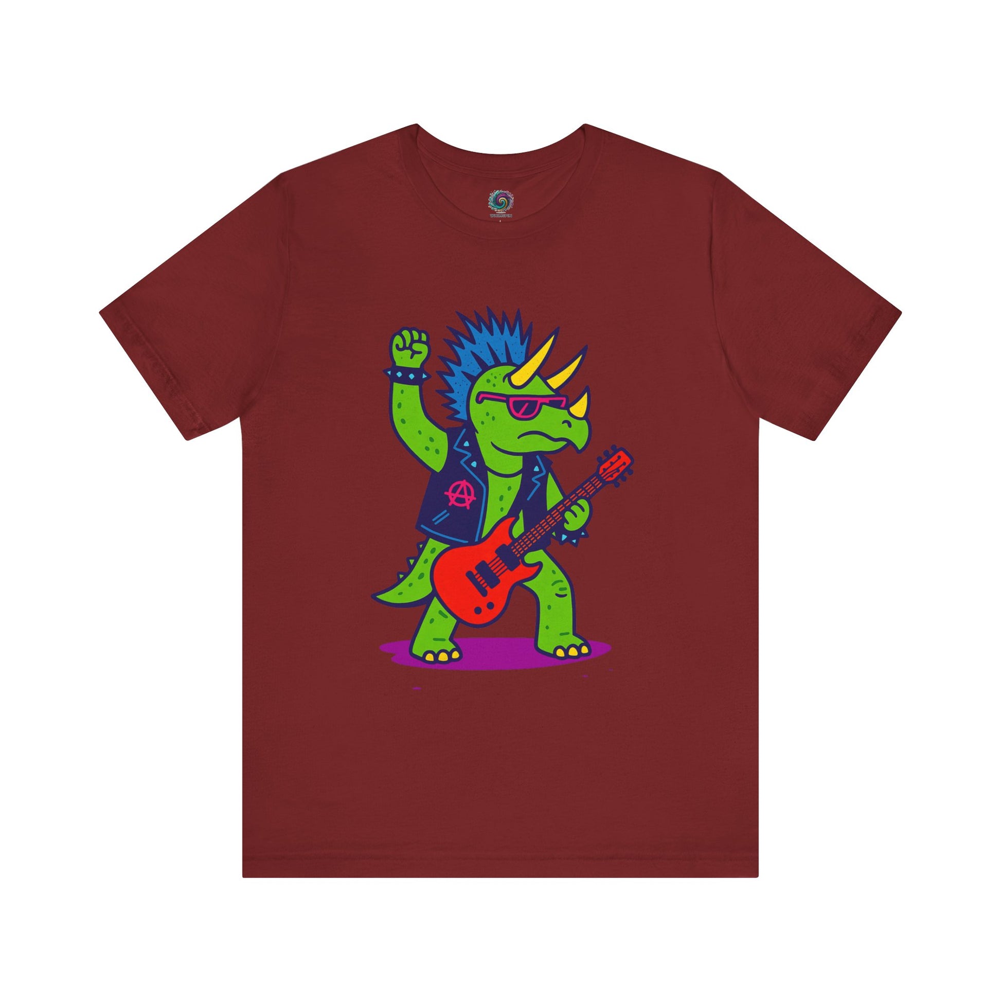 Punk Rock Triceratops T-Shirt – Funny Dinosaur Tee for Adults in cardinal red, showing off a rebellious dinosaur rockstar perfect for punk dinosaur fans.