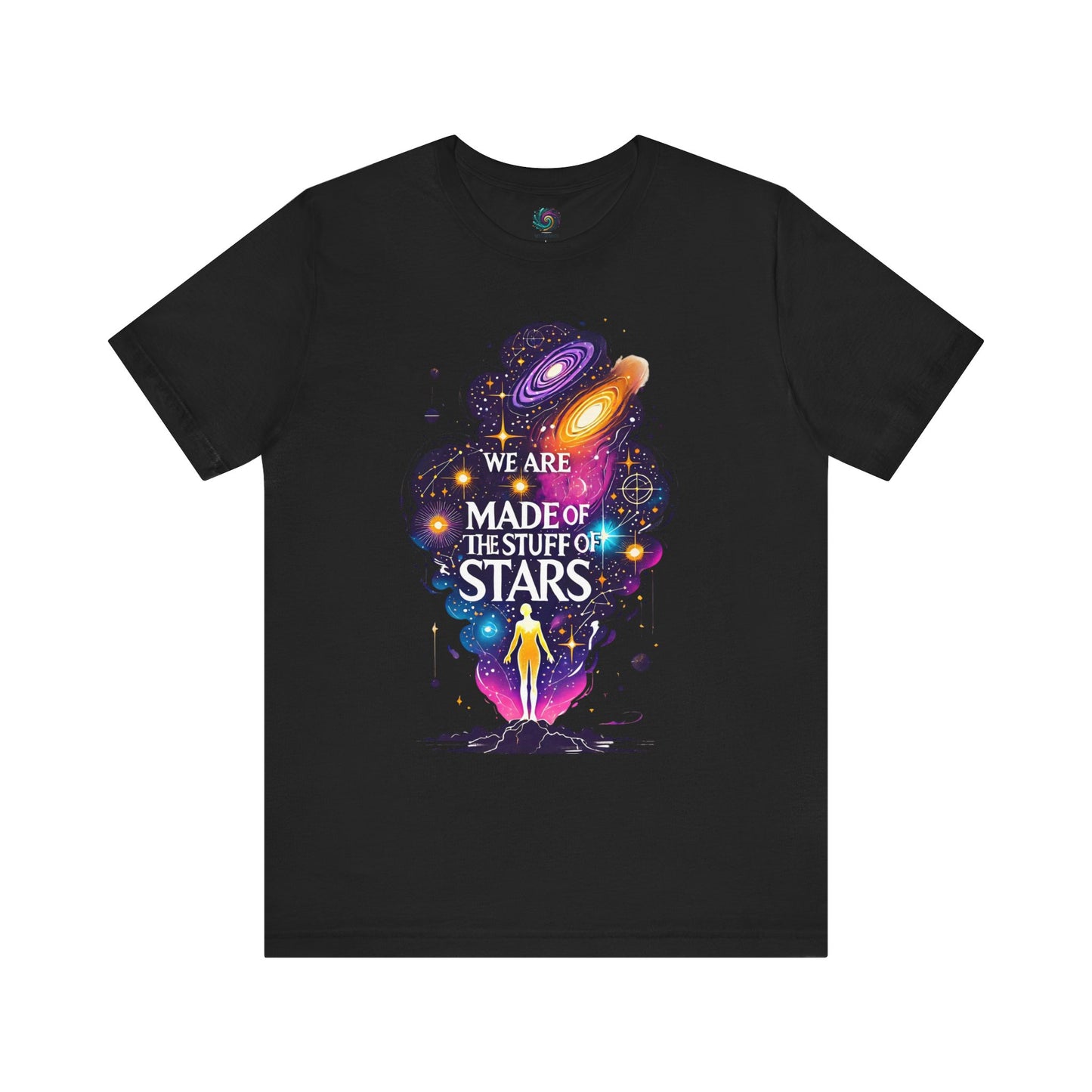 We Are Made of Star Stuff T-Shirt – Cosmic Carl Sagan Tee in black with a bold star-filled design honoring space and exploration.