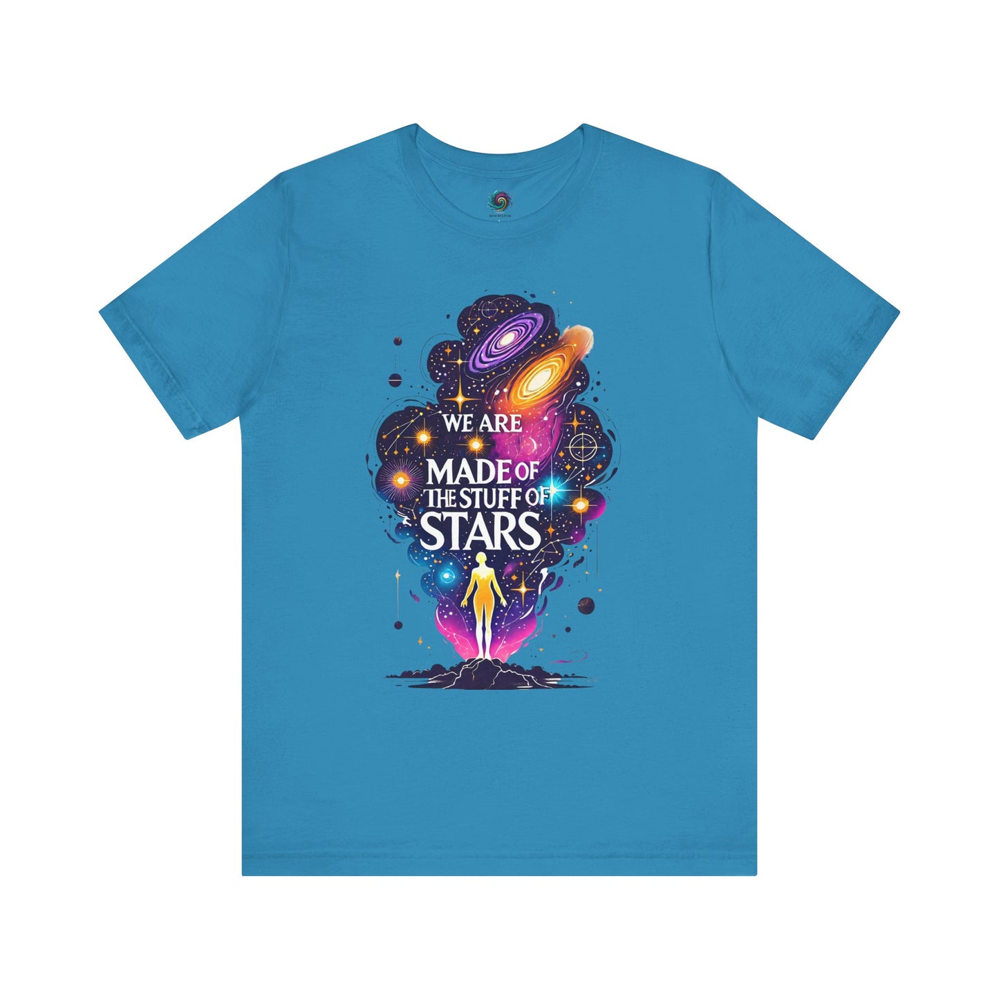 We Are Made of Star Stuff T-Shirt – Cosmic Galaxy Tee Shirt in aqua featuring a colorful universe-inspired design for Carl Sagan fans.