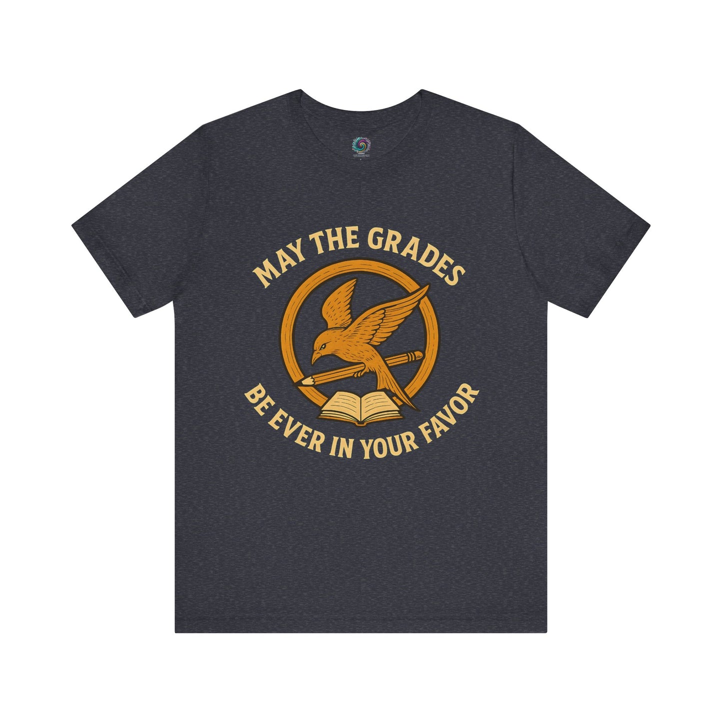 Charcoal "May the Grades Be Ever In Your Favor" by WhimSpin. The image on the shirt features a parody of the Mockijay design from the cover of the Hunger Games books